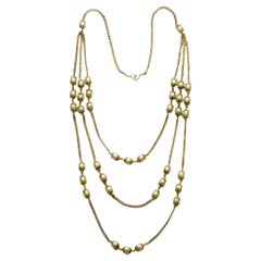 Gold Plated Three Strand Curb Chain Necklace with Faux Pearls