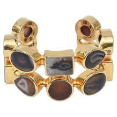 Gold Plated Two Row Cuff Bracelet with Agate Stones, 1990's