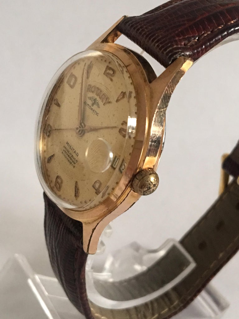 Gold-Plated Vintage 1940s Rotary Automatic Military Watch For Sale 8
