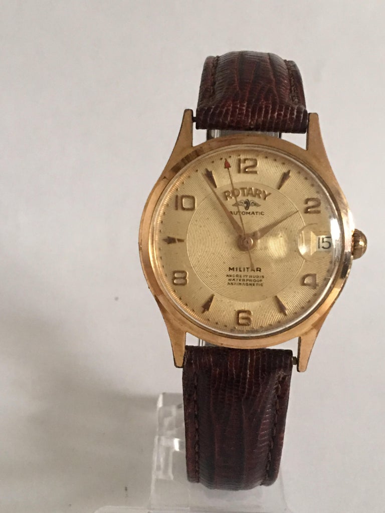 Gold-Plated Vintage 1940s Rotary Automatic Military Watch For Sale 9