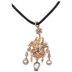 Gold Plated Vintage Intan Diamond Pendant Baroque South Sea Pearl Necklace Enhan