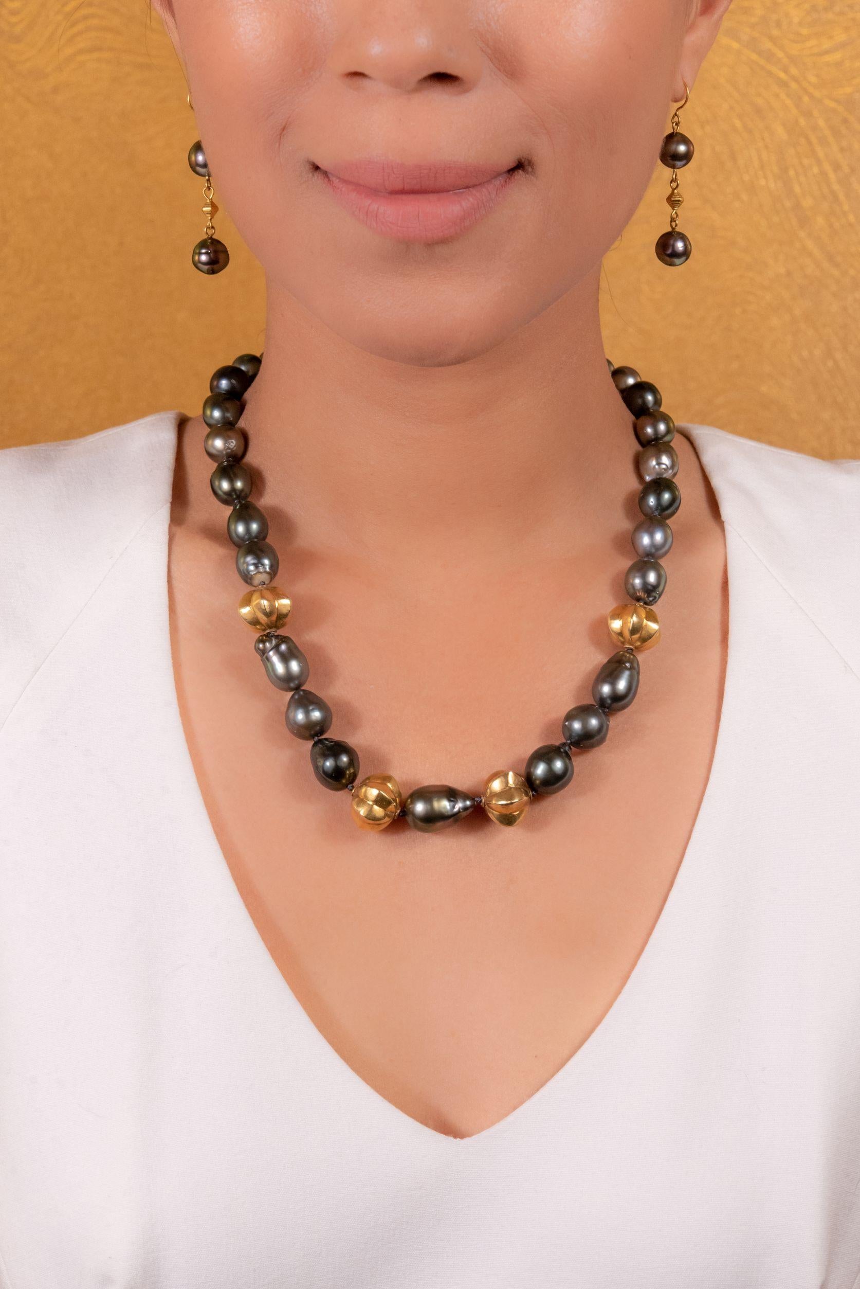 Uncut Gold Plated Vintage Star Fruit Beads Tahitian Pearls Beaded Necklace For Sale
