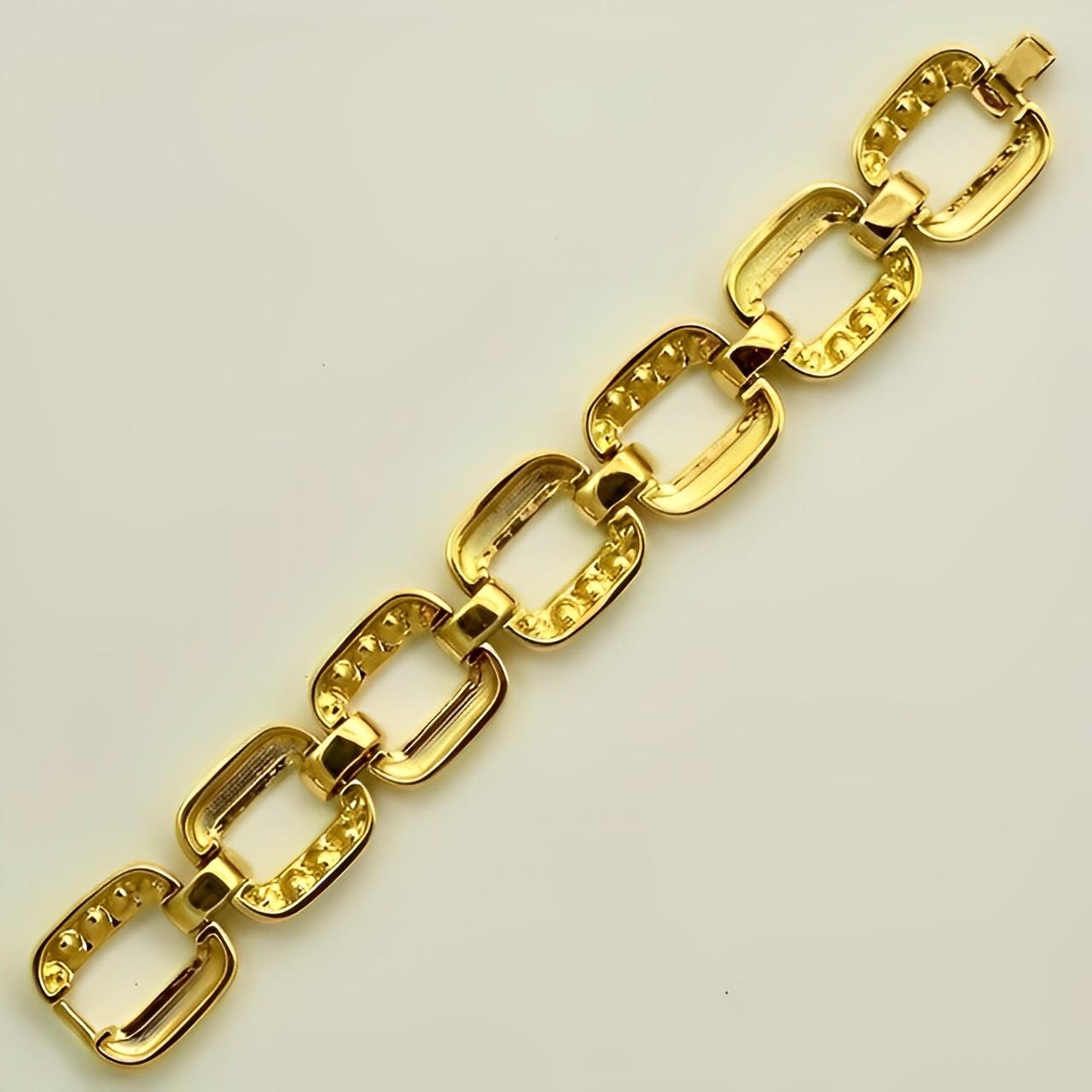 Women's or Men's Gold Plated Wide Link Statement Bracelet with Crystals circa 1980s For Sale