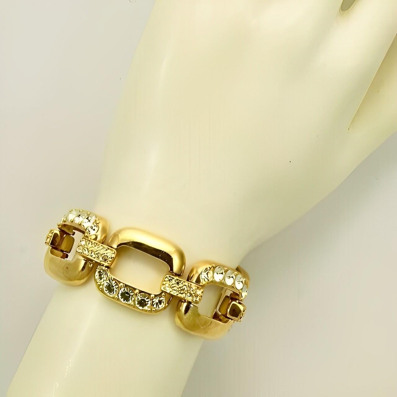 Gold Plated Wide Link Statement Bracelet with Crystals circa 1980s For Sale 1
