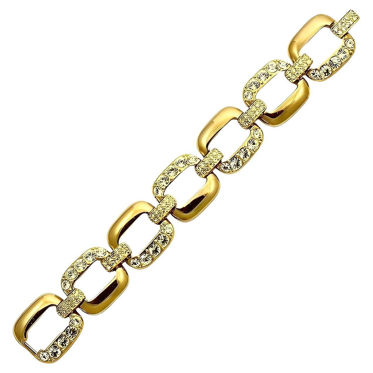 Gold Plated Wide Link Statement Bracelet with Crystals circa 1980s For Sale