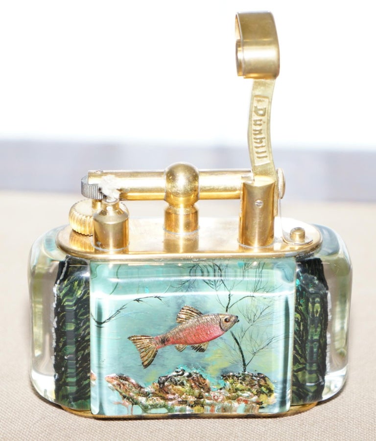 Gold Plate Gold-Plated Winston Churchill 950's Dunhill Aquarium Oversized Table Lighter For Sale