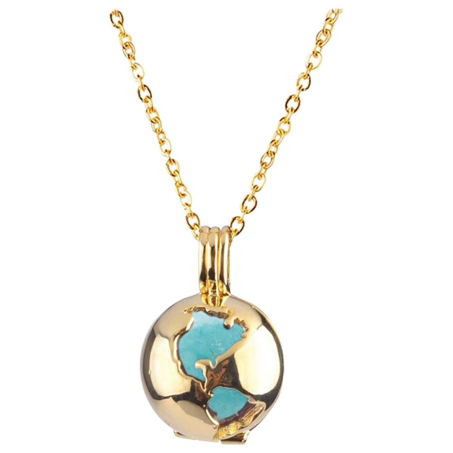 Gold plated World Globe Locket - Turquoise For Sale