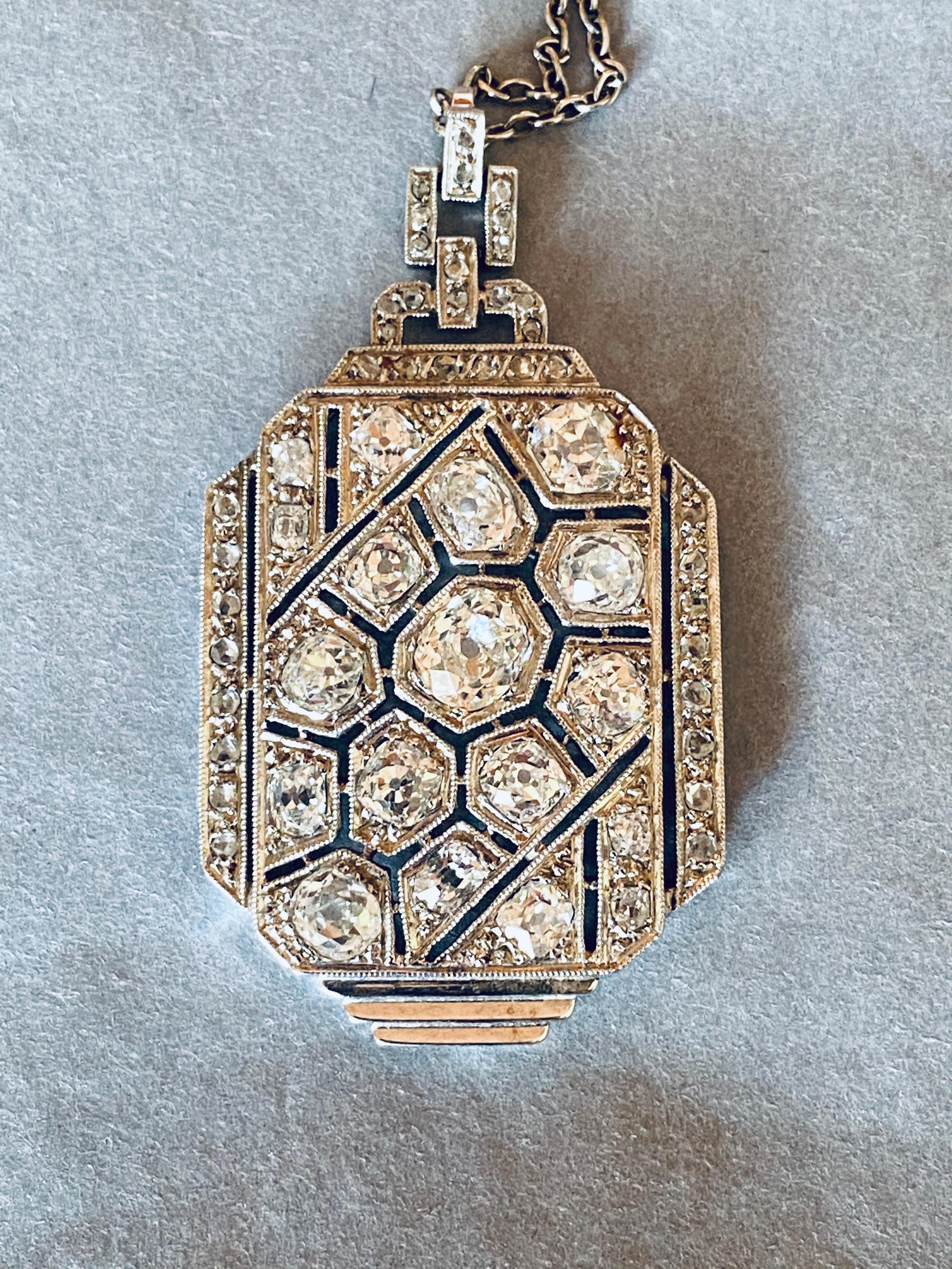 Gold Platinum and 3 Carats Diamonds French Art Deco Pendant Necklace In Good Condition In Saint-Ouen, FR