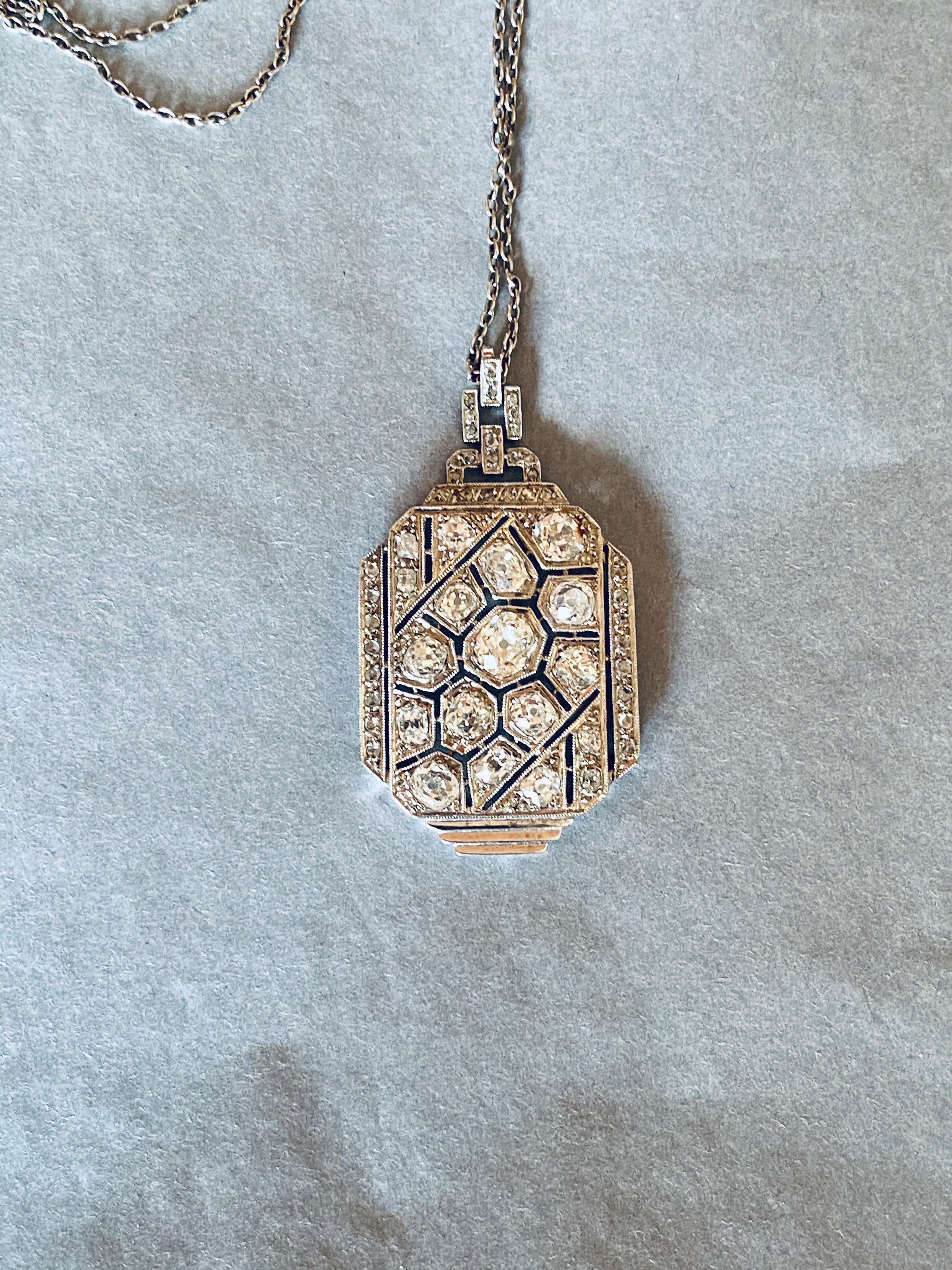 Women's Gold Platinum and 3 Carats Diamonds French Art Deco Pendant Necklace