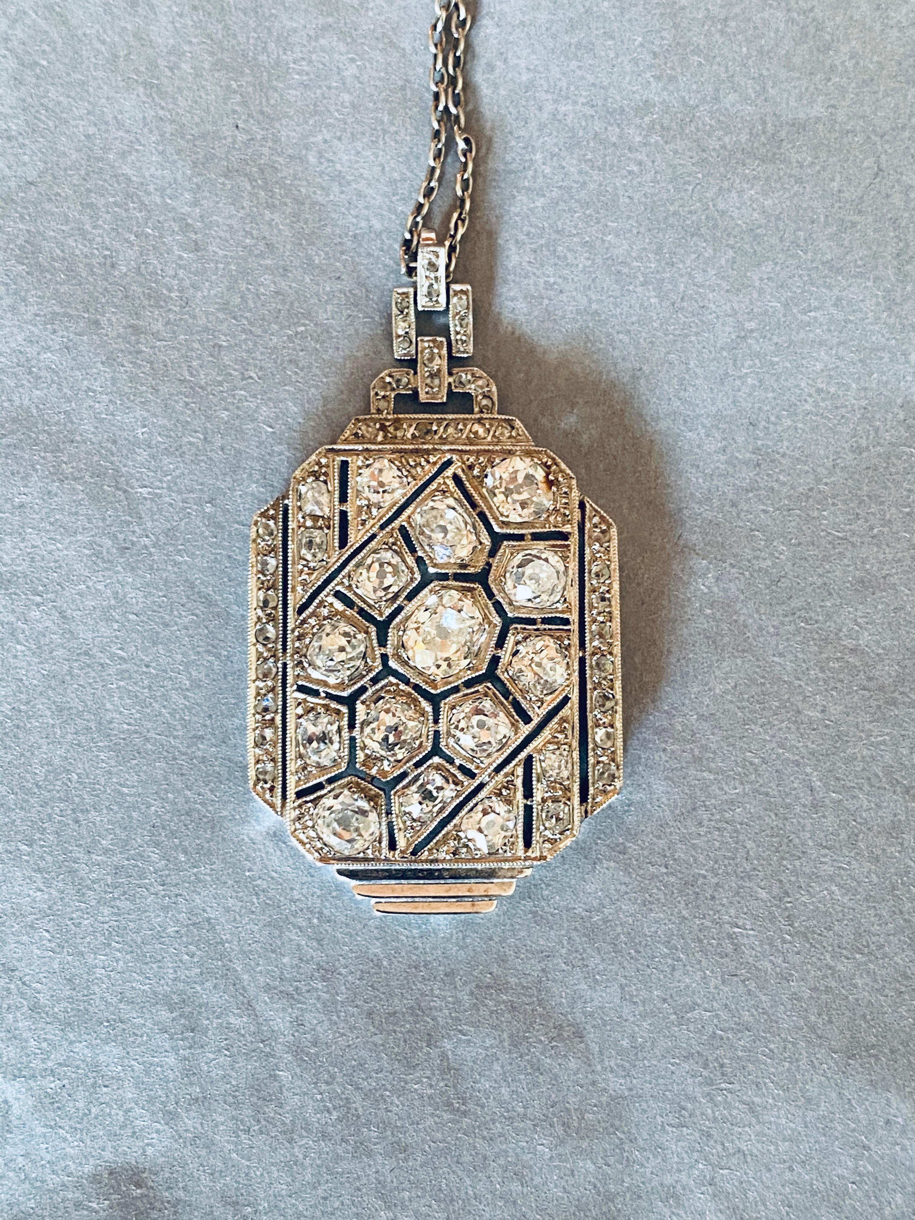 Gold Platinum and 3 Carats Diamonds French Art Deco Pendant Necklace 1