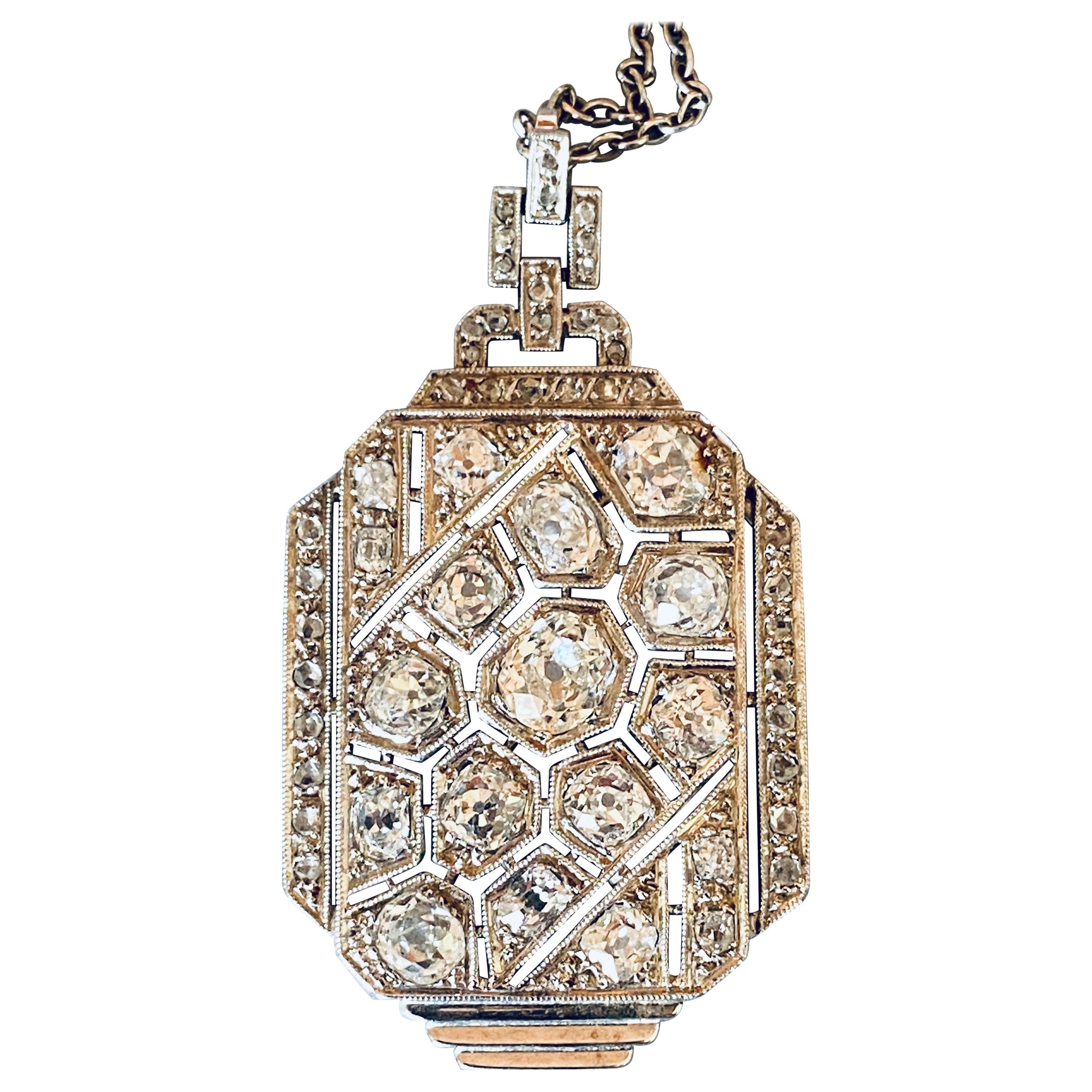 Gold Platinum and 3 Carats Diamonds French Art Deco Pendant Necklace