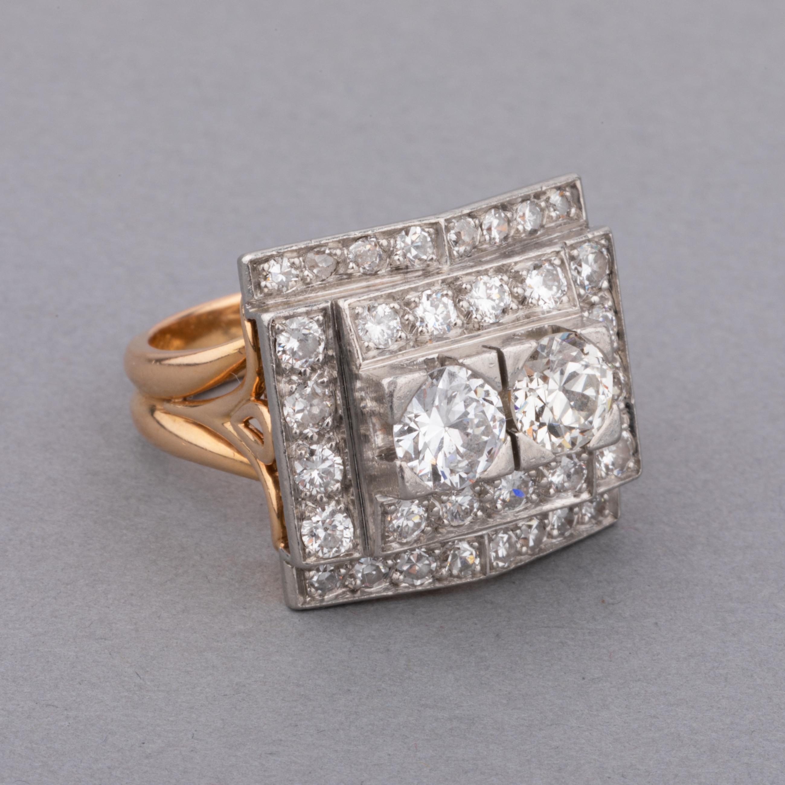 Gold Platinum and 3 Carats Diamonds French Retro Ring In Good Condition For Sale In Saint-Ouen, FR