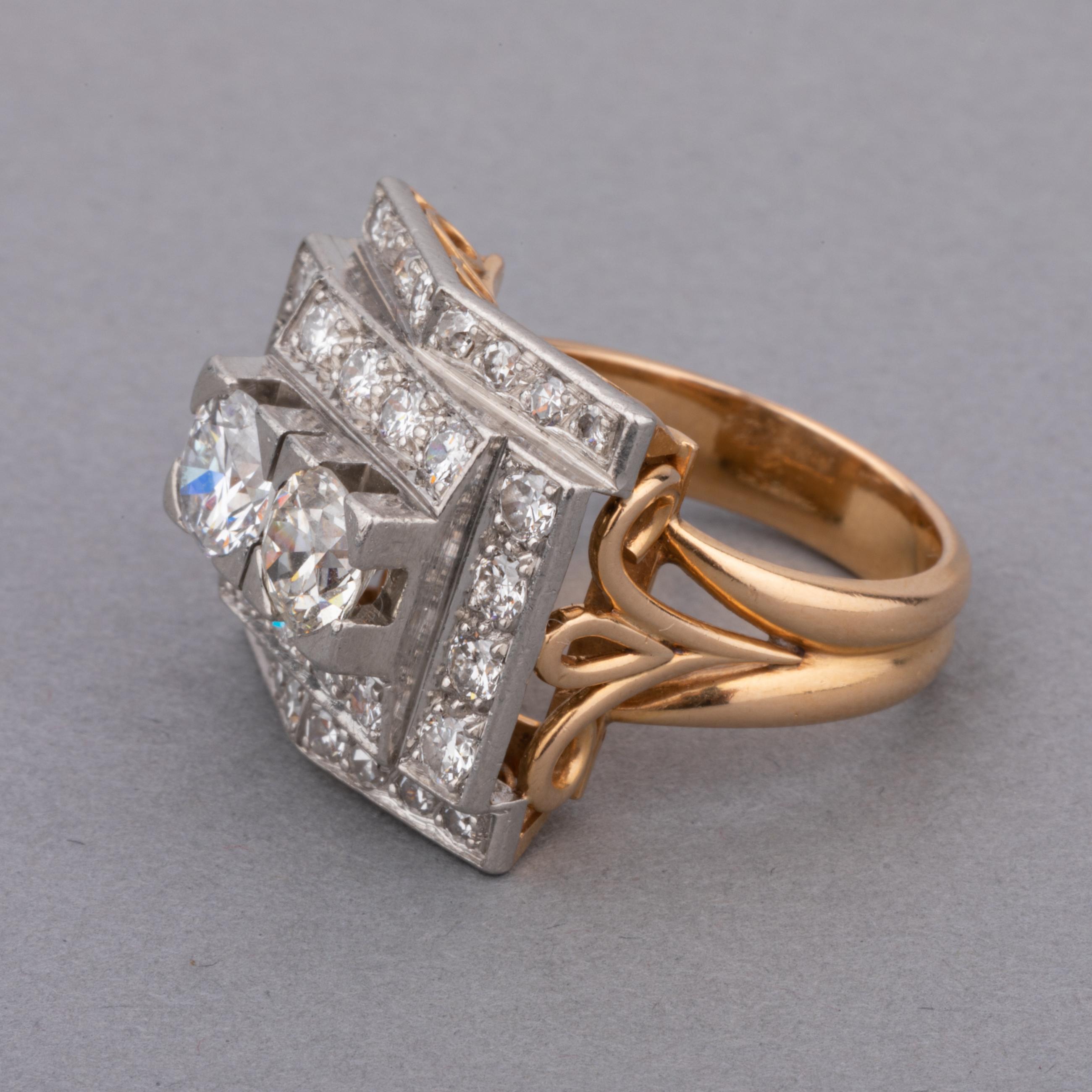 Women's Gold Platinum and 3 Carats Diamonds French Retro Ring For Sale