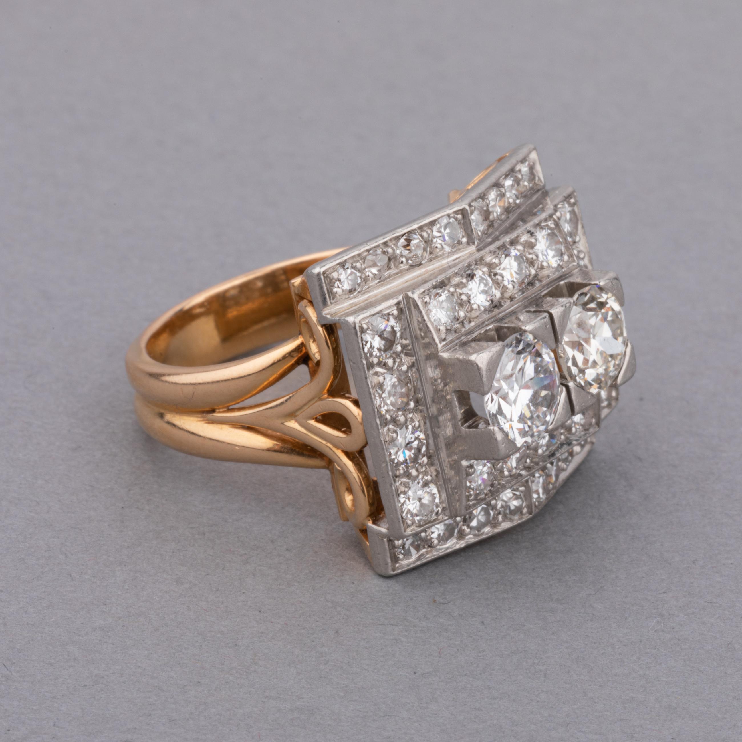 Gold Platinum and 3 Carats Diamonds French Retro Ring For Sale 2