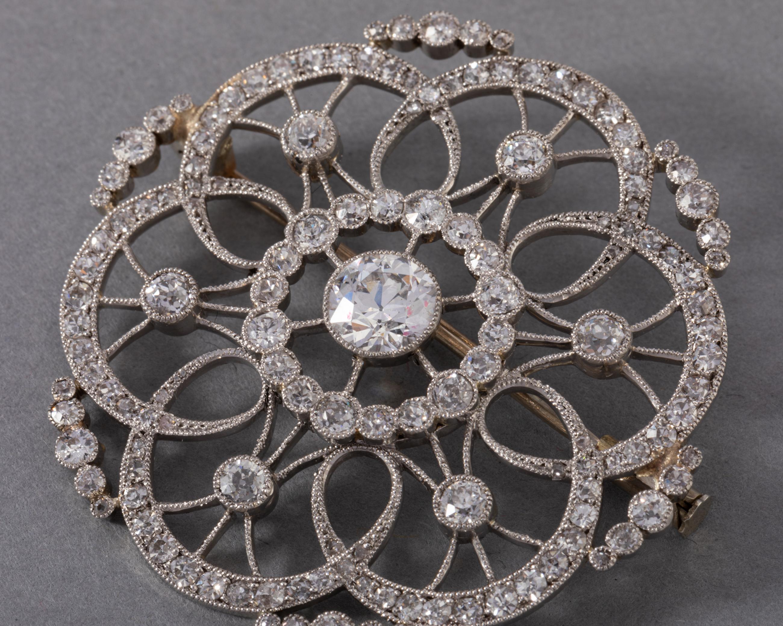 Old European Cut Gold Platinum and 3.5 Carats Diamonds French Belle Epoque Brooch For Sale
