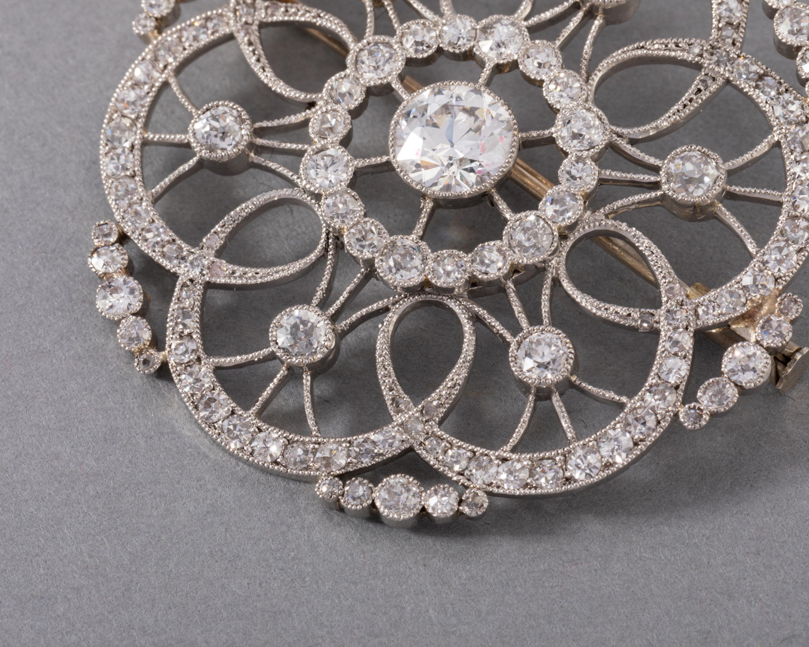 Gold Platinum and 3.5 Carats Diamonds French Belle Epoque Brooch In Good Condition For Sale In Saint-Ouen, FR