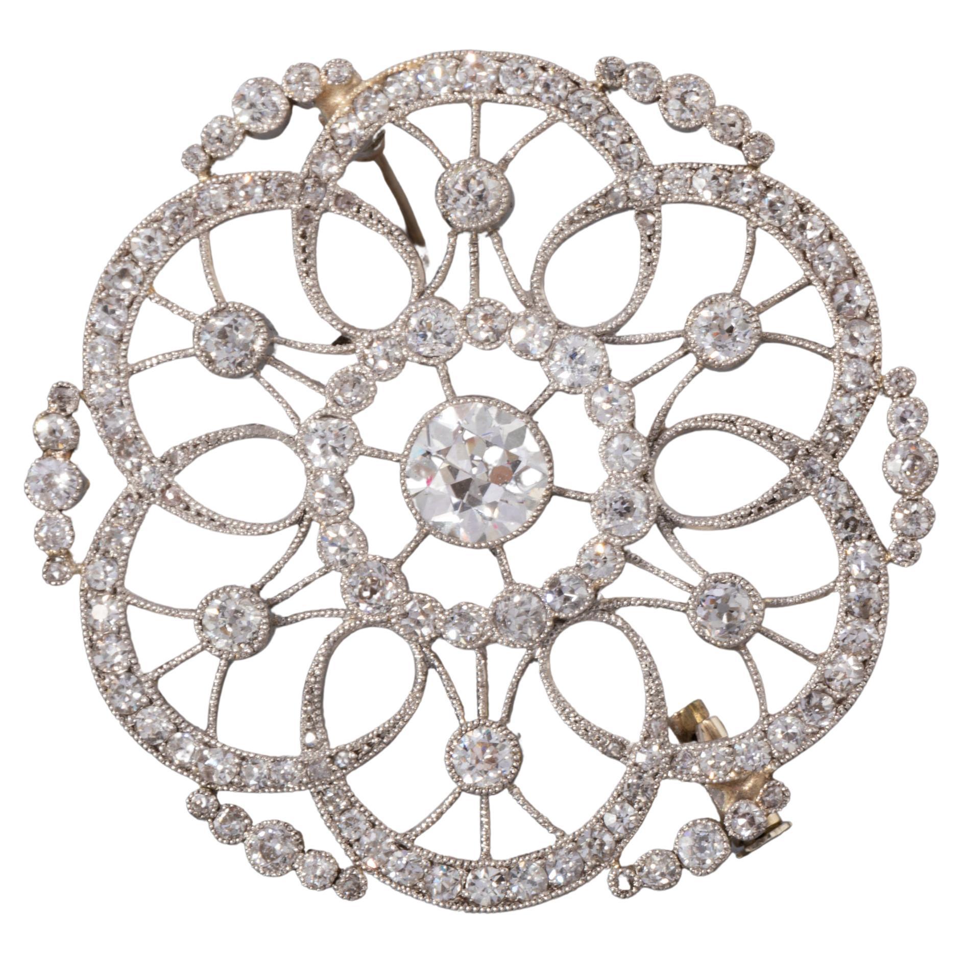Gold Platinum and 3.5 Carats Diamonds French Belle Epoque Brooch For Sale