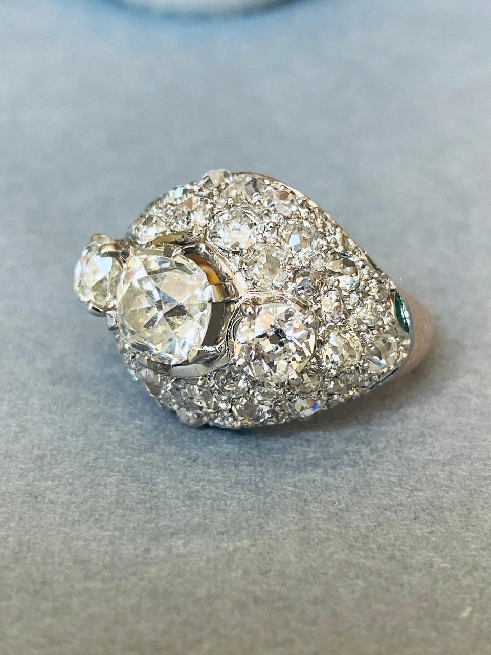 Gold Platinum and 5.70 Carats Diamonds French Retro Ring 1