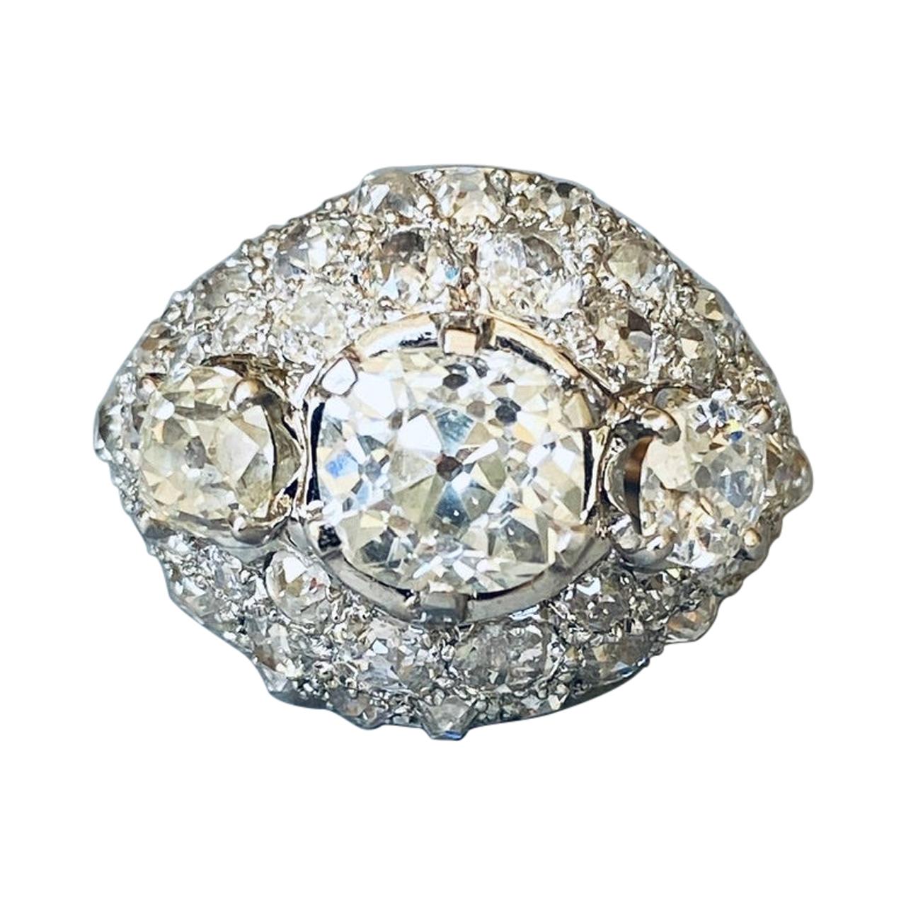 Gold Platinum and 5.70 Carats Diamonds French Retro Ring