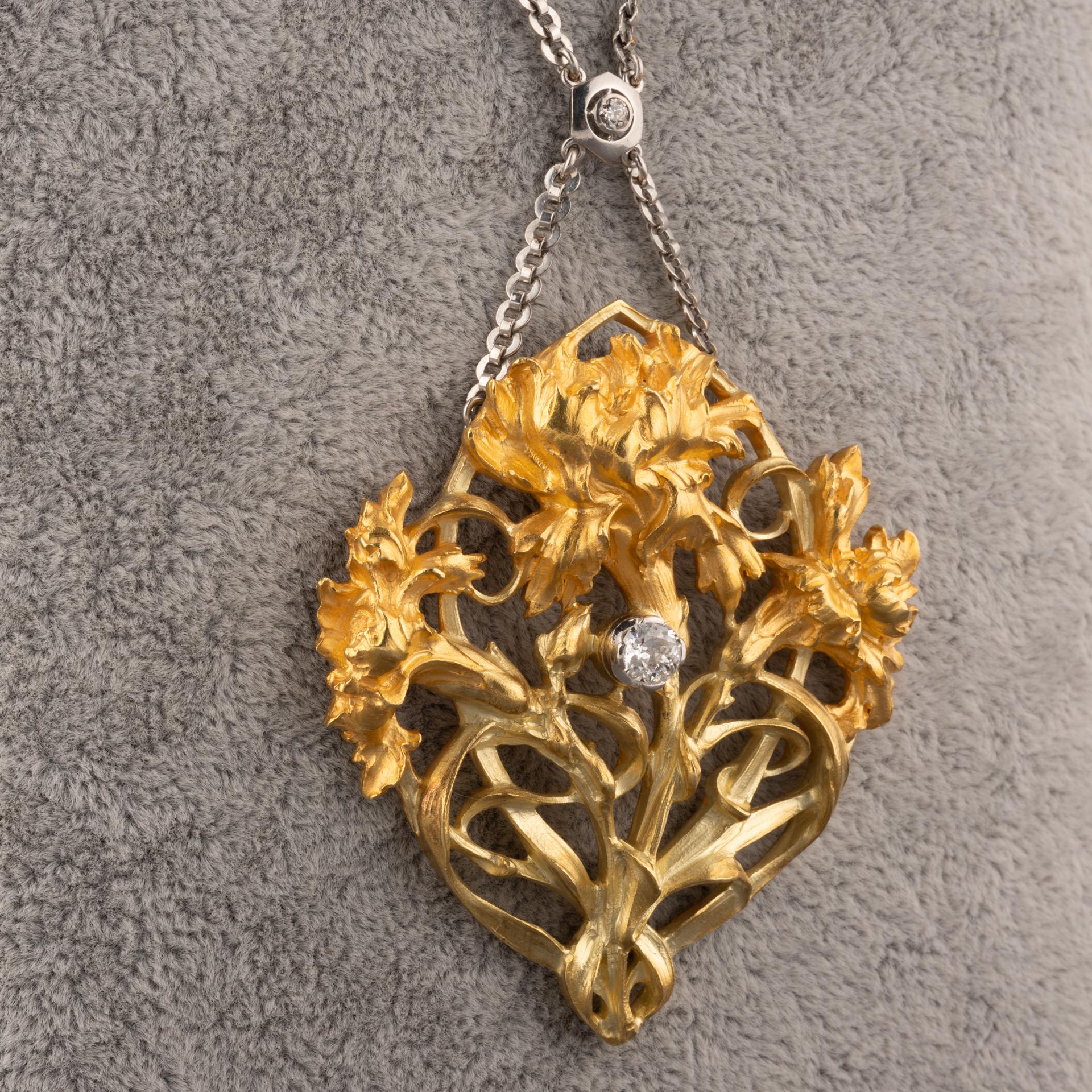 Old European Cut Gold Platinum and Diamond French Art Nouveau Pendant Necklace For Sale