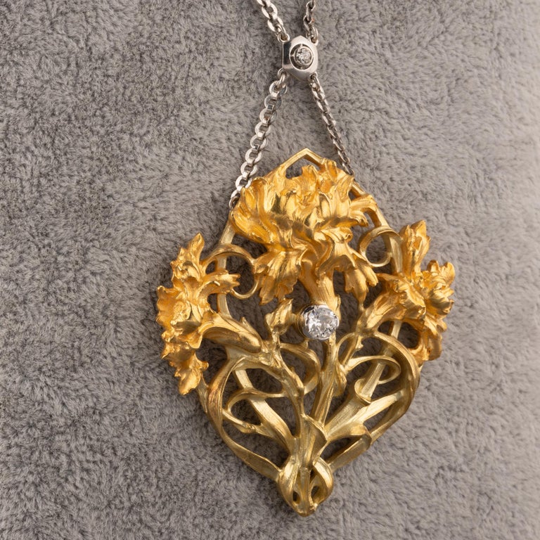 Gold Platinum and Diamond French Art Nouveau Pendant Necklace For Sale ...