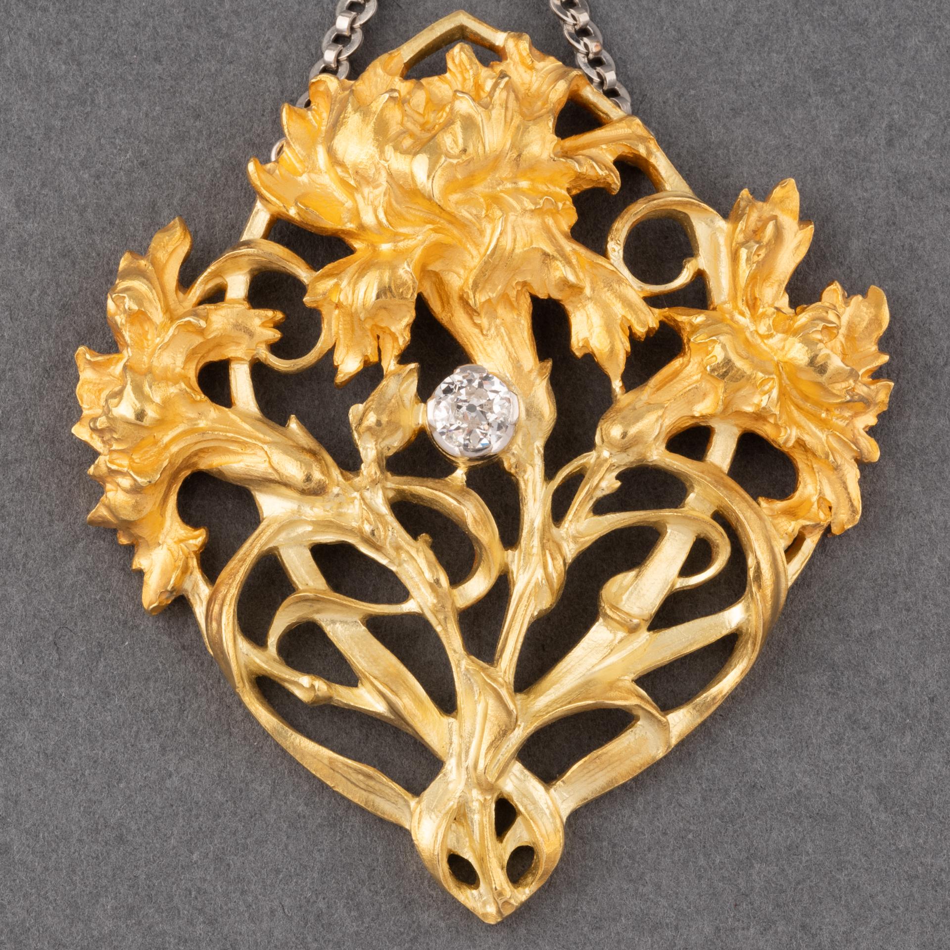 Women's Gold Platinum and Diamond French Art Nouveau Pendant Necklace For Sale