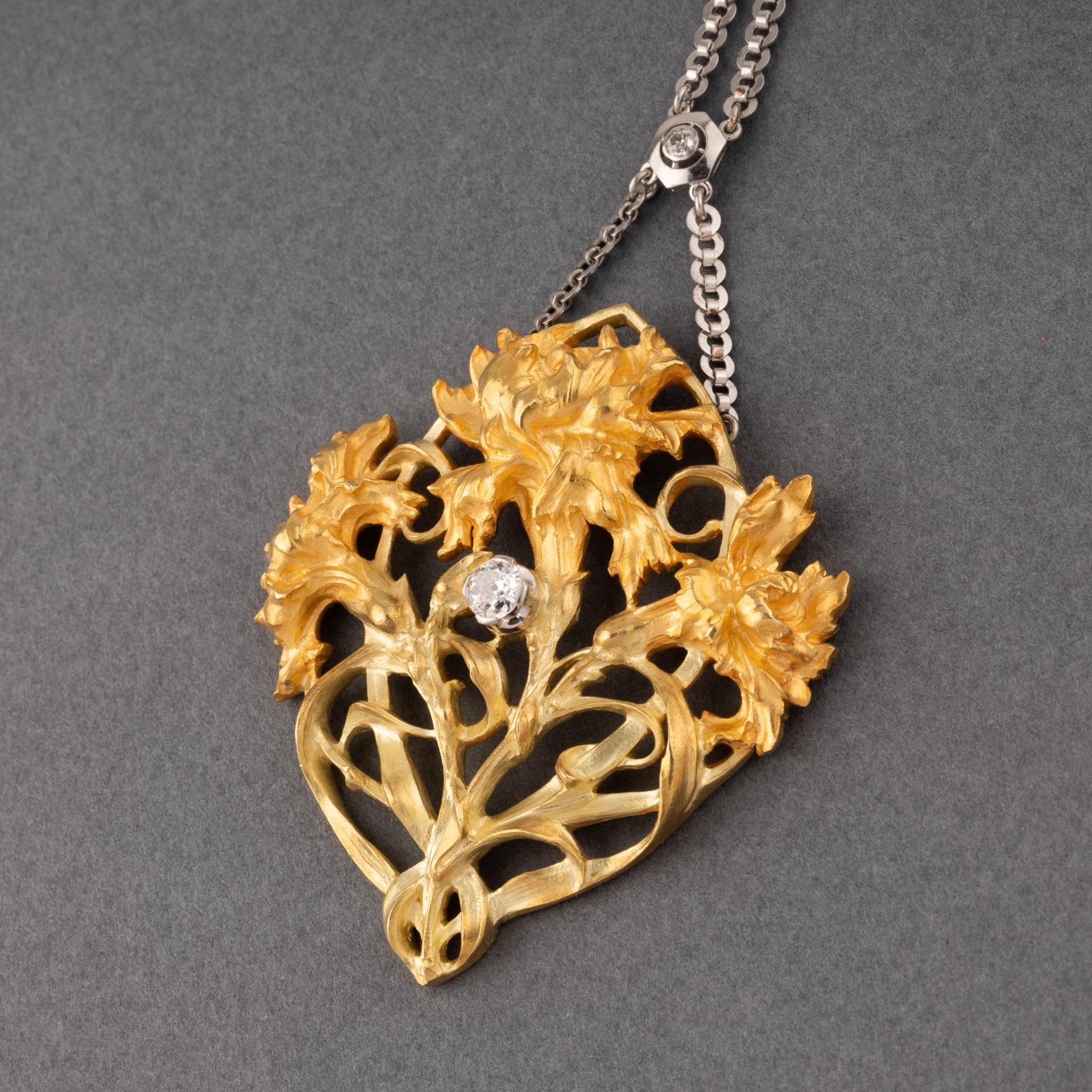 Gold Platinum and Diamond French Art Nouveau Pendant Necklace For Sale 1