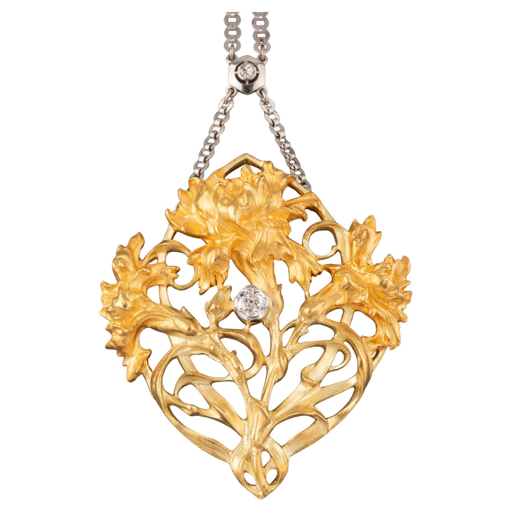 Gold Platinum and Diamond French Art Nouveau Pendant Necklace For Sale