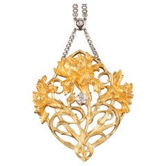 Gold Platinum and Diamond French Art Nouveau Pendant Necklace