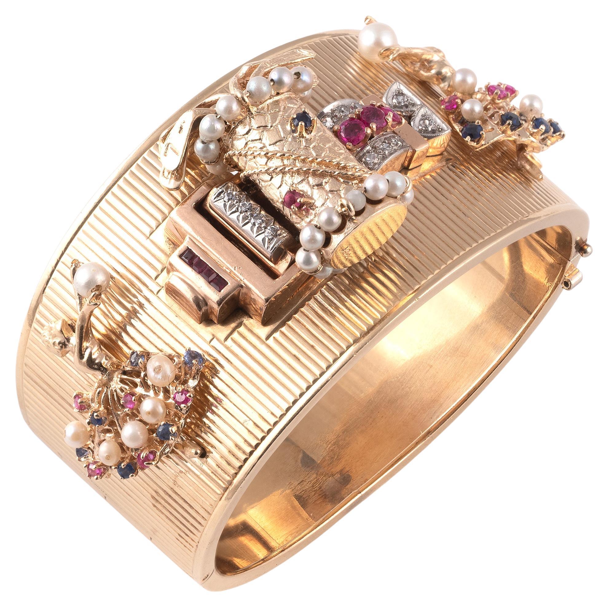 Armreif aus Gold Platin mit Diamanten und farbigen Steinen, um 1940