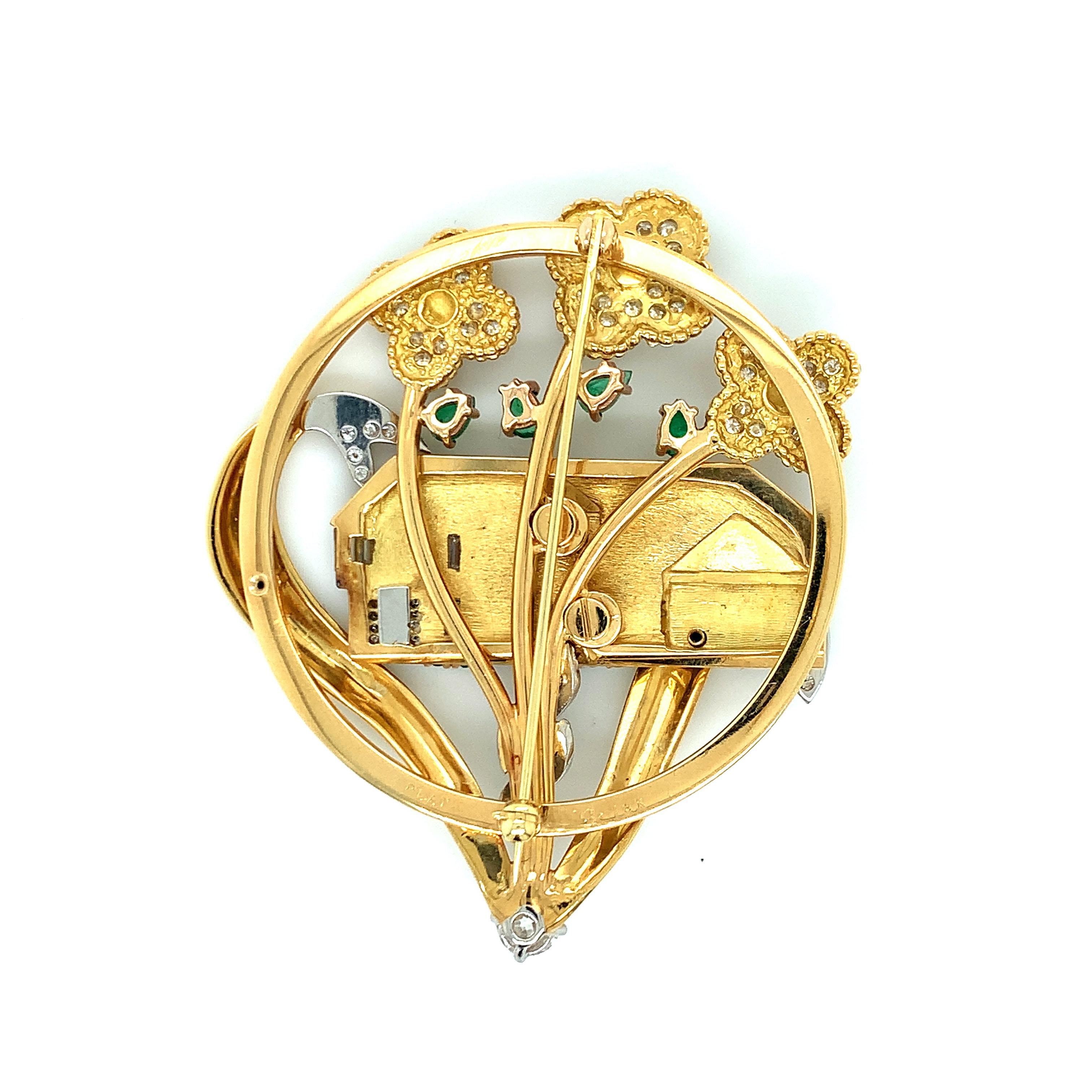 An 18 karat yellow gold brooch featuring a two-story house encircled by flowers with diamonds. There are a total of 74 round cut diamonds and 10 baguette cut diamonds that weigh approximately 1.45 carat. The 1 old European cut diamond weighs
