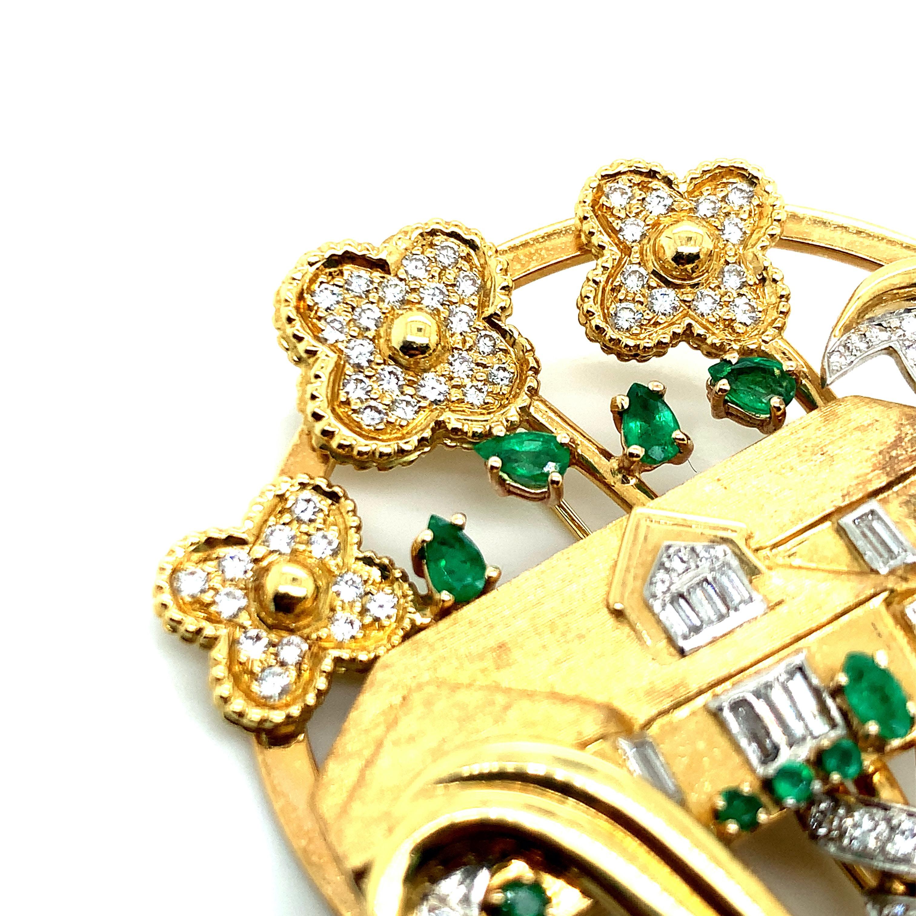 Gold Platinum Diamond Emerald House Brooch In Excellent Condition For Sale In New York, NY