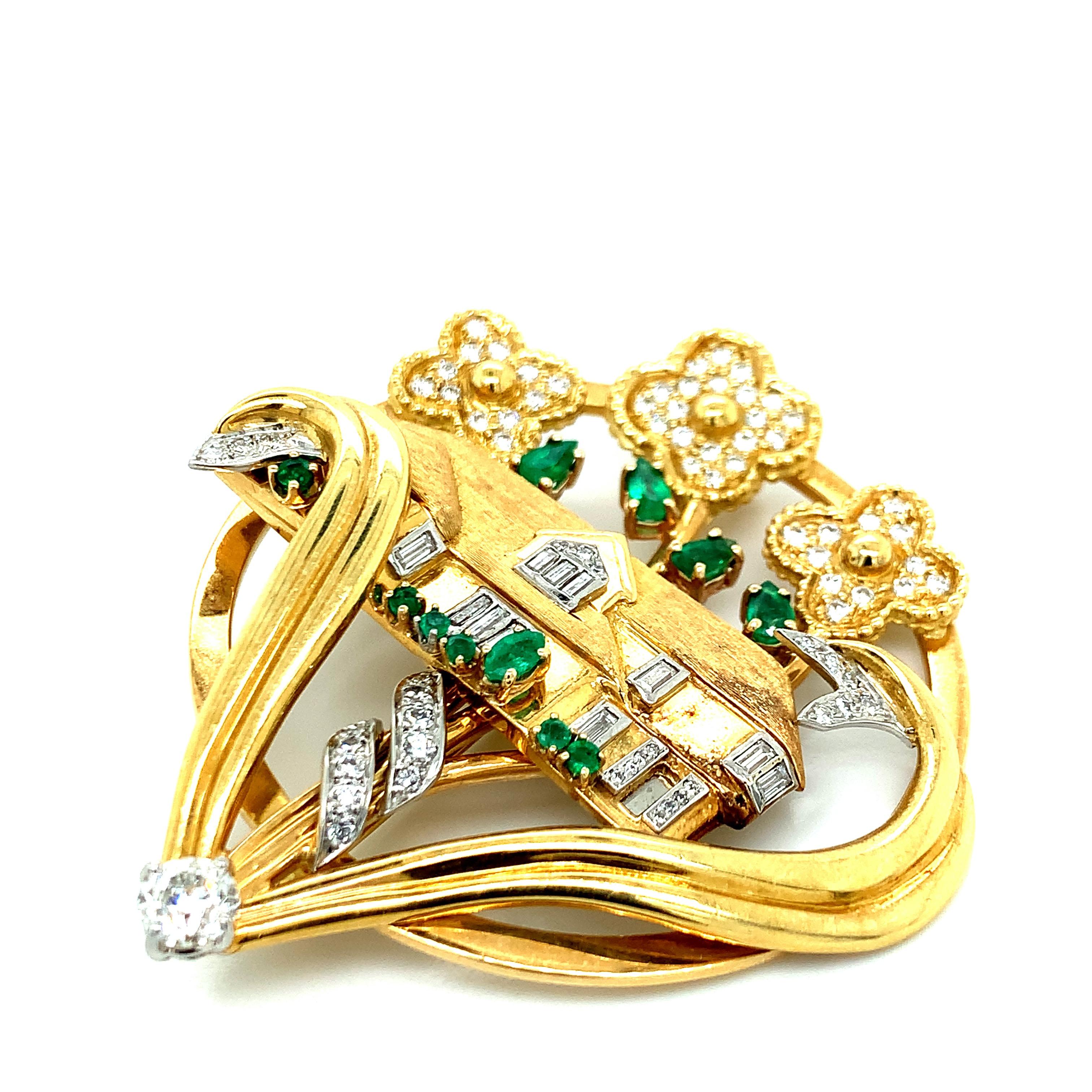 Women's Gold Platinum Diamond Emerald House Brooch For Sale