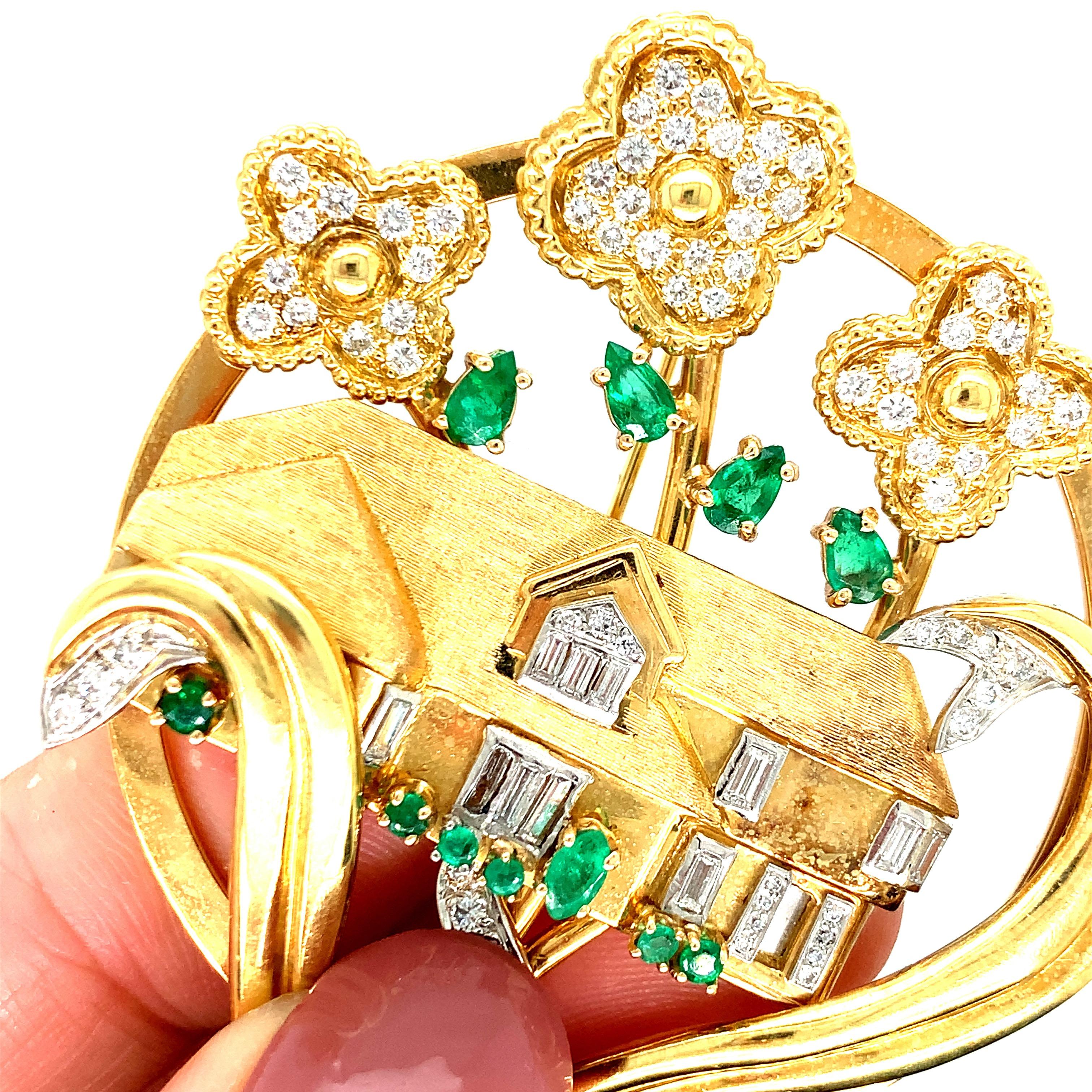 Gold Platinum Diamond Emerald House Brooch For Sale 1