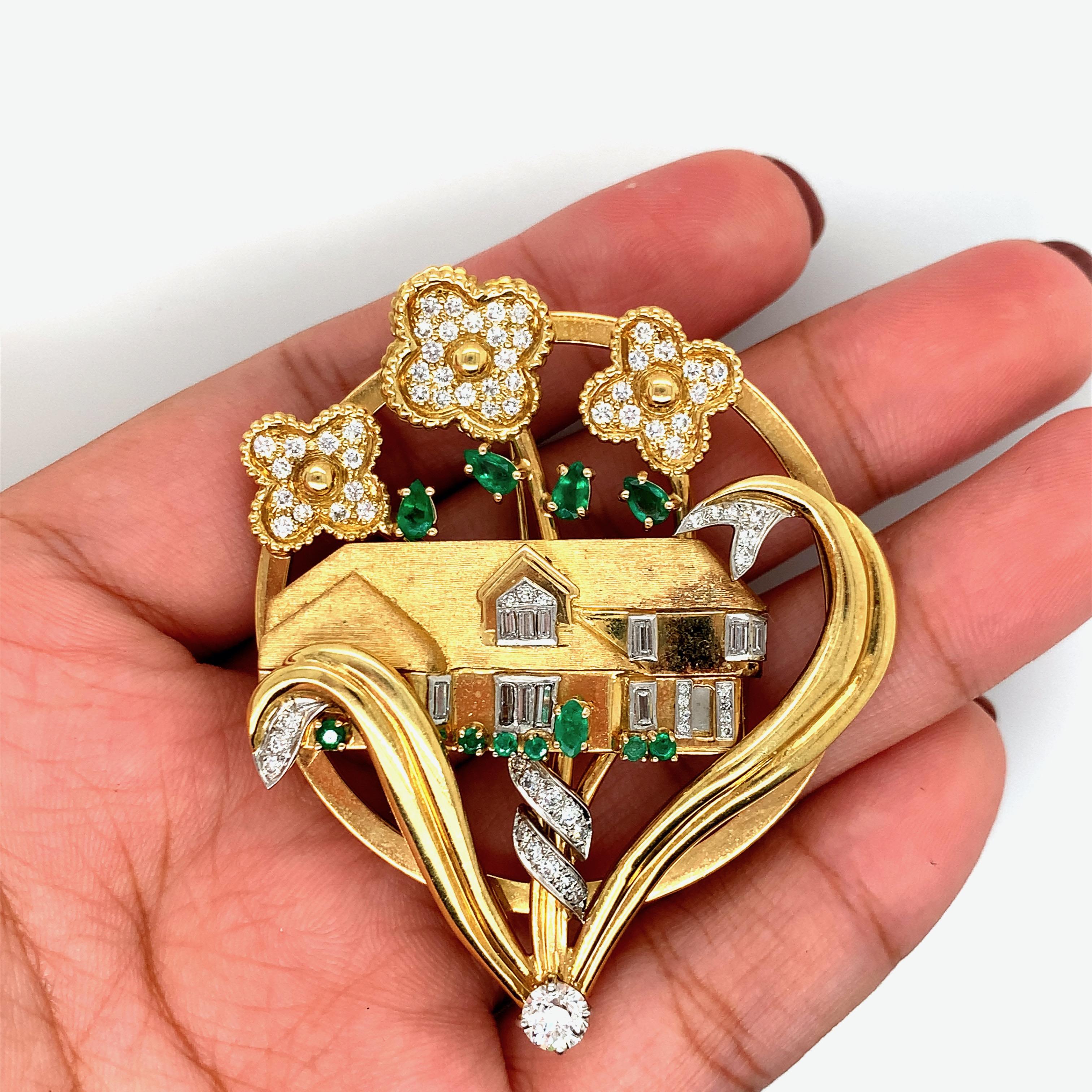 Gold Platinum Diamond Emerald House Brooch For Sale 4