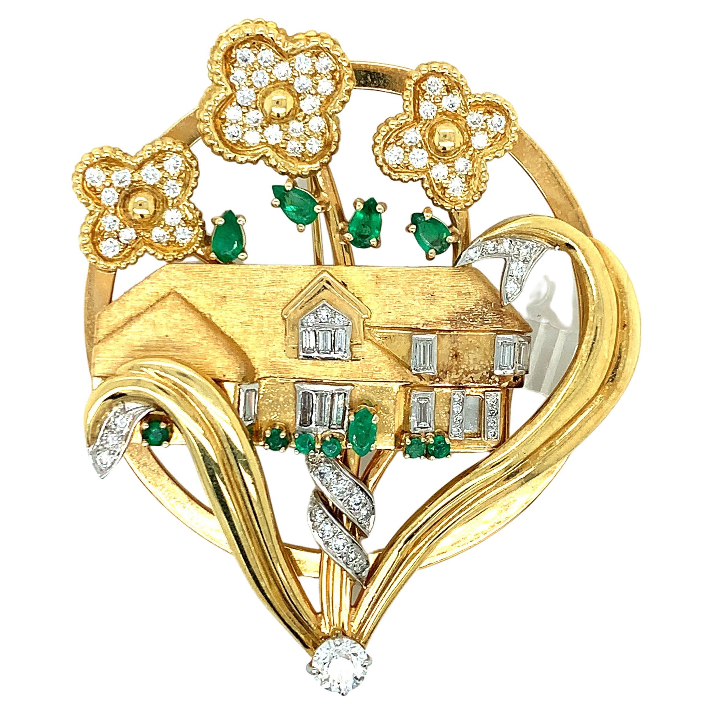 Gold Platinum Diamond Emerald House Brooch For Sale