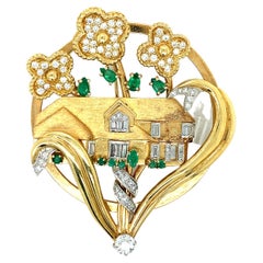 Gold Platinum Diamond Emerald House Brooch