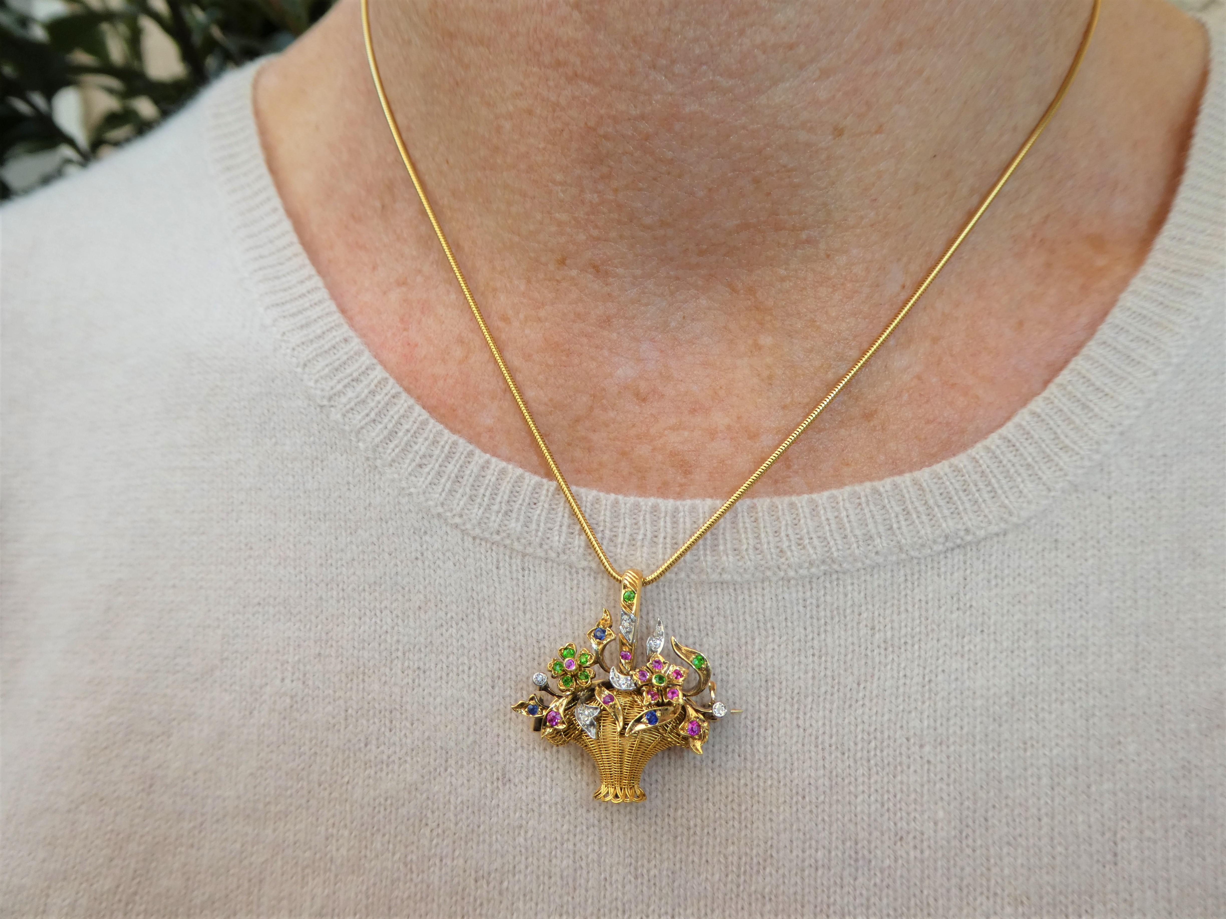Gold Platinum Diamond Ruby Sapphire Green Demantoid Flower Basket Pendant Brooch For Sale 3