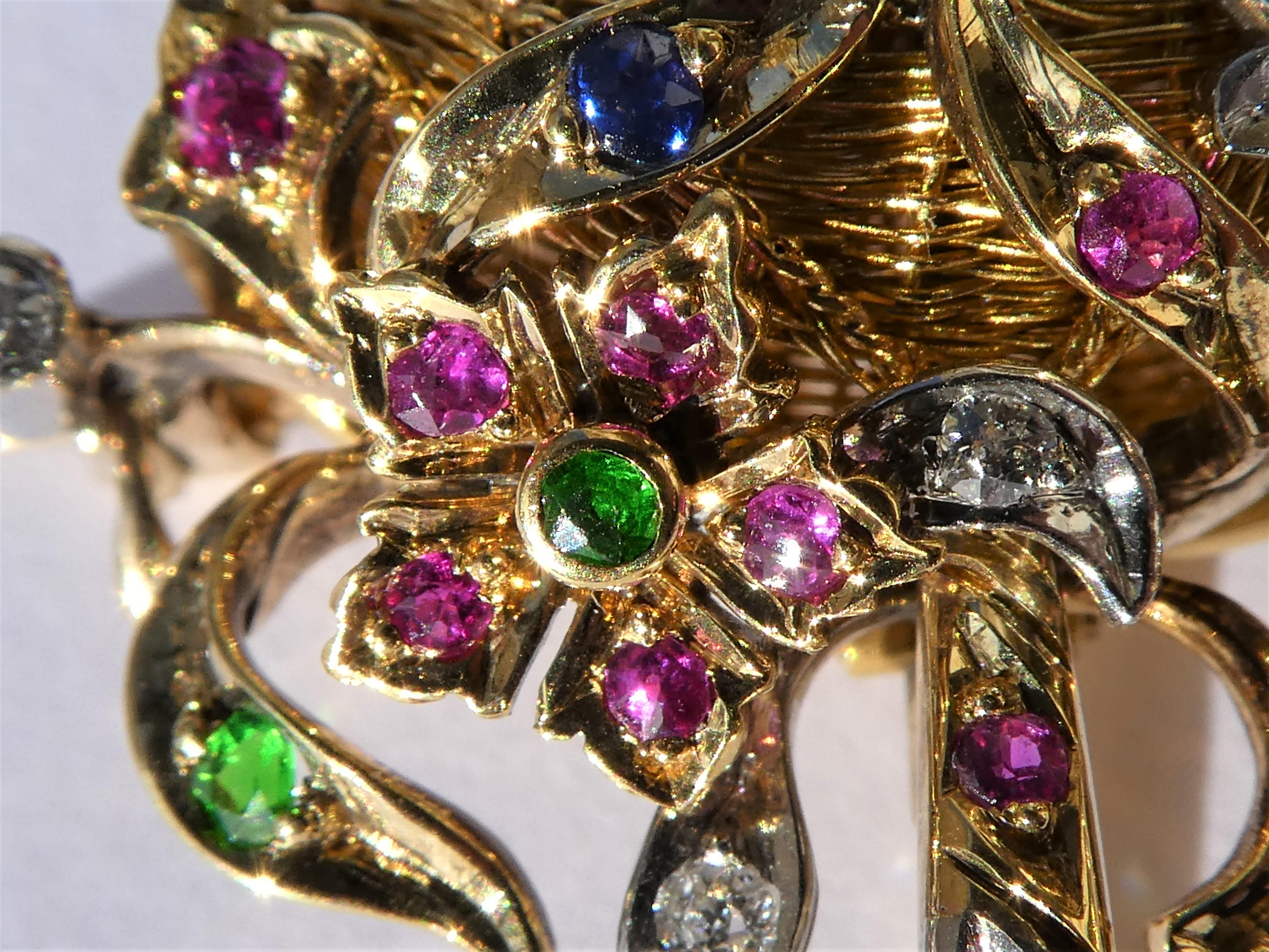Art Deco Gold Platinum Diamond Ruby Sapphire Green Demantoid Flower Basket Pendant Brooch For Sale