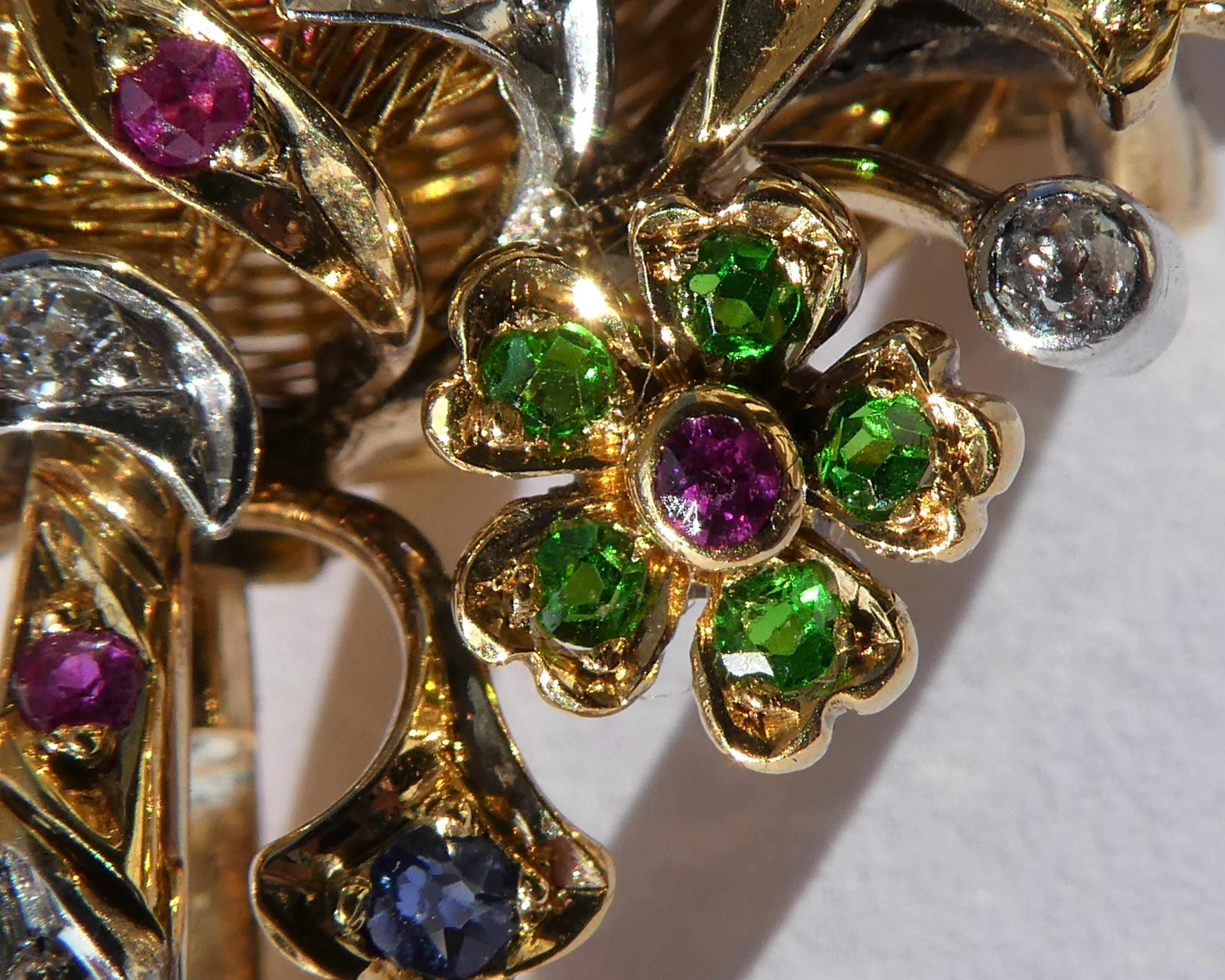 Old Mine Cut Gold Platinum Diamond Ruby Sapphire Green Demantoid Flower Basket Pendant Brooch For Sale