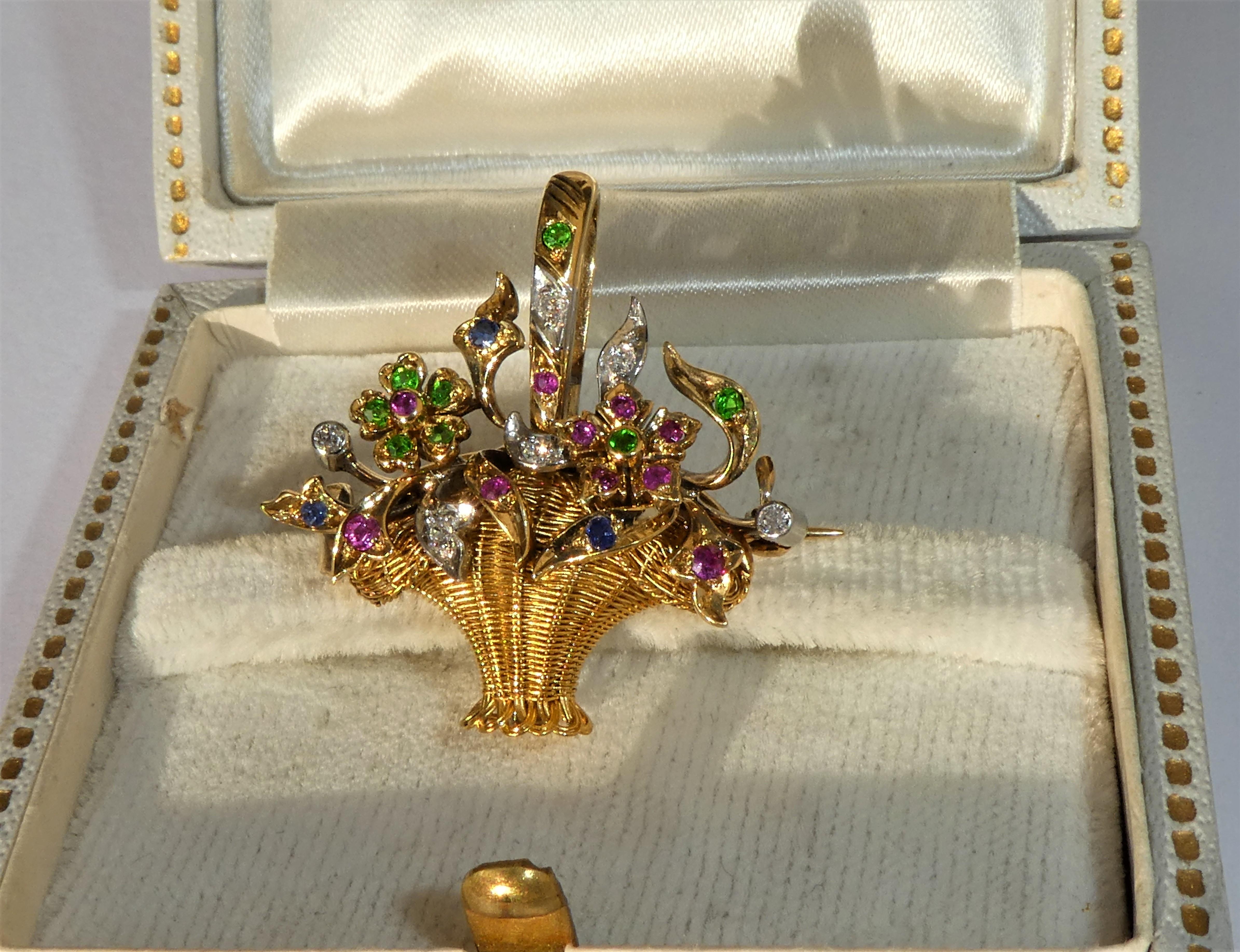 Gold Platinum Diamond Ruby Sapphire Green Demantoid Flower Basket Pendant Brooch In Excellent Condition For Sale In Munich, DE