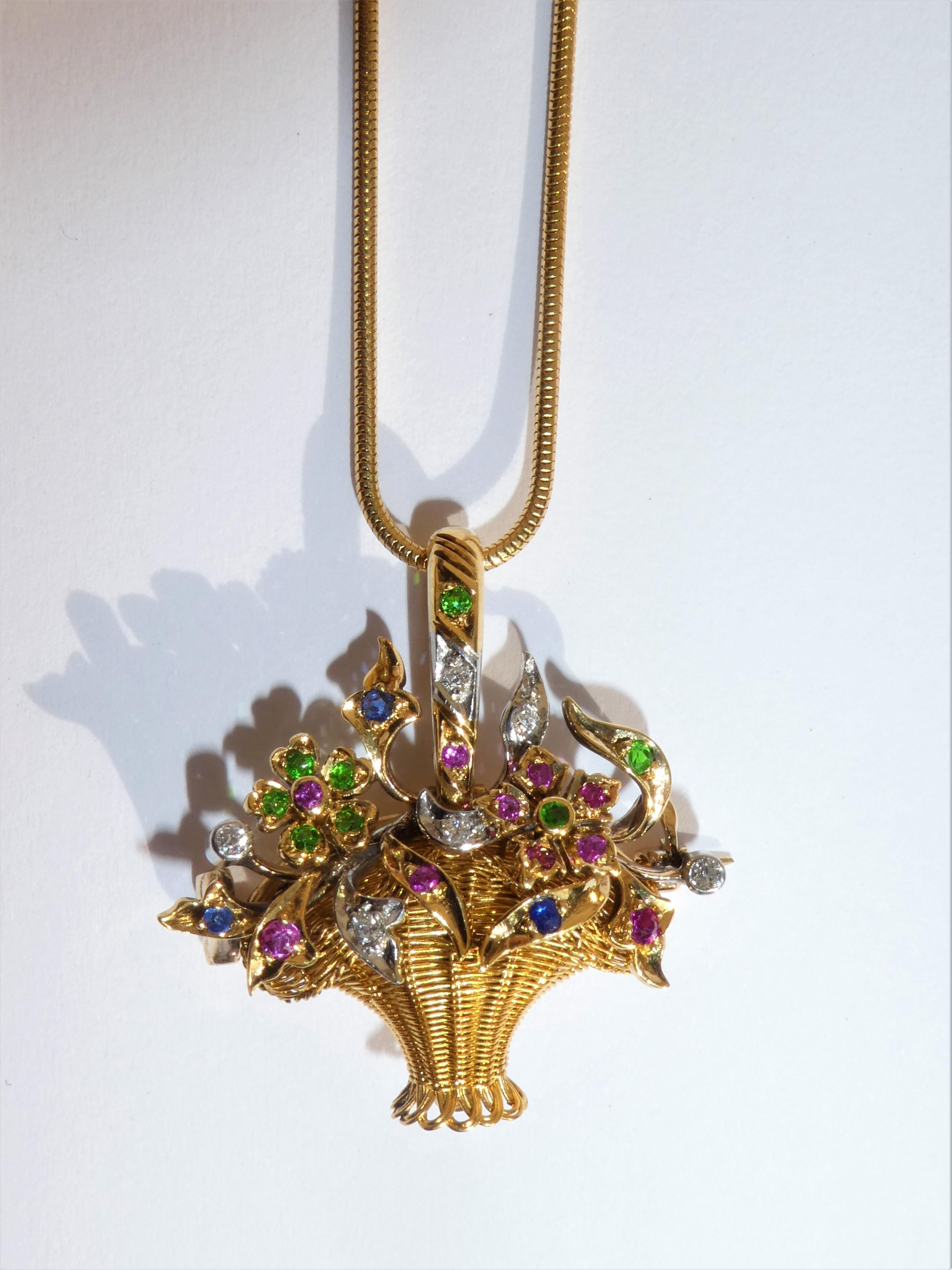 Women's Gold Platinum Diamond Ruby Sapphire Green Demantoid Flower Basket Pendant Brooch For Sale