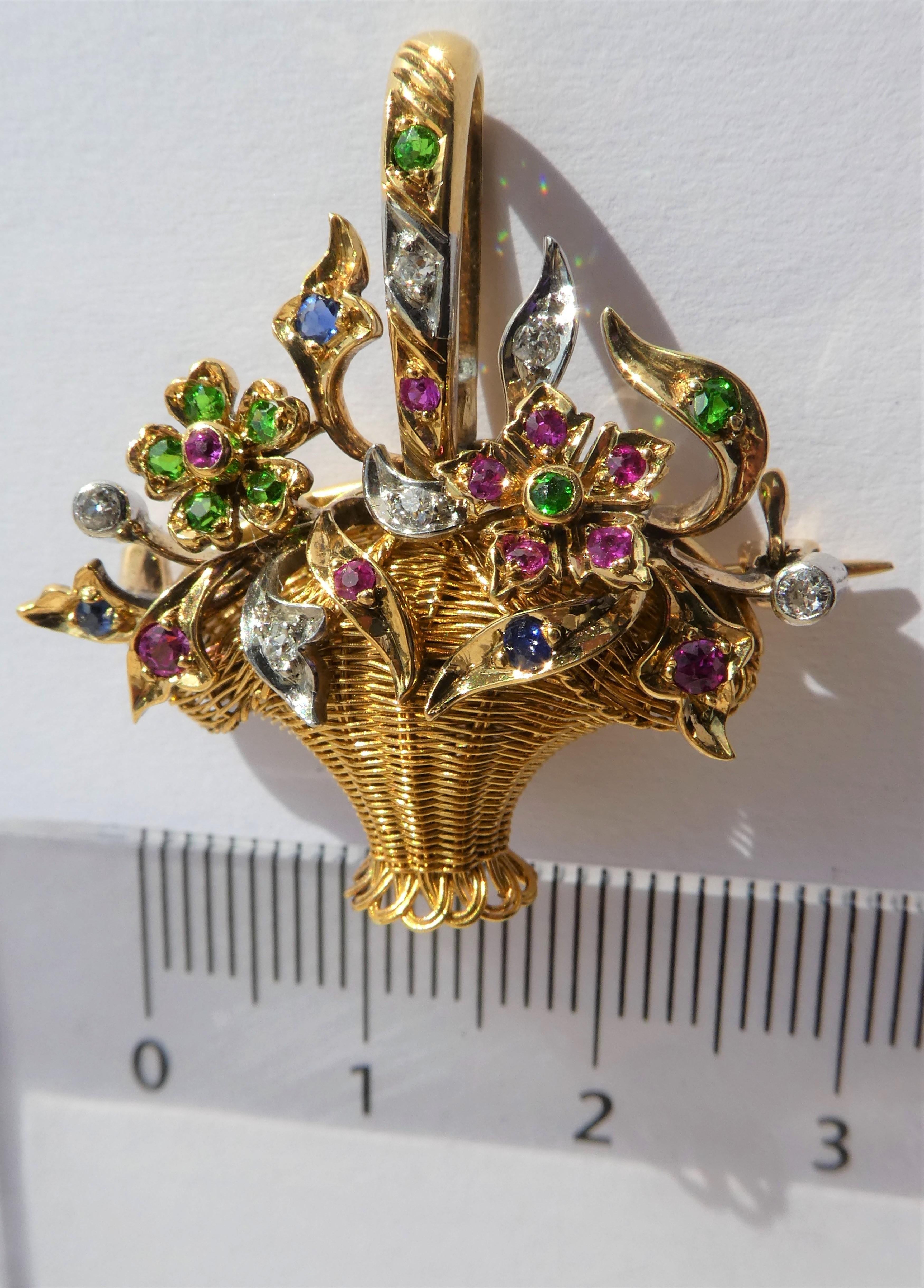 Gold Platinum Diamond Ruby Sapphire Green Demantoid Flower Basket Pendant Brooch For Sale 1