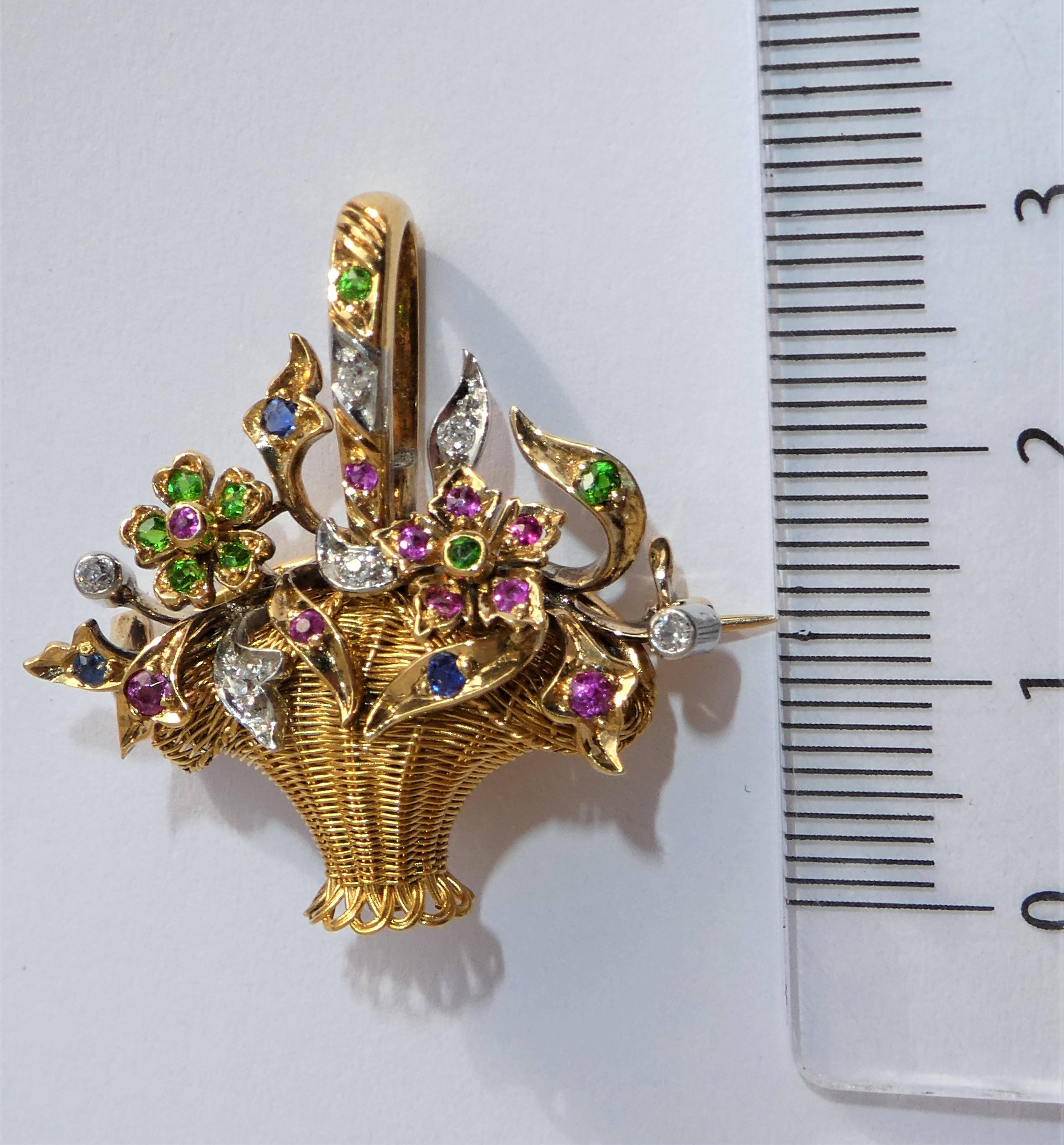 Gold Platinum Diamond Ruby Sapphire Green Demantoid Flower Basket Pendant Brooch For Sale 2