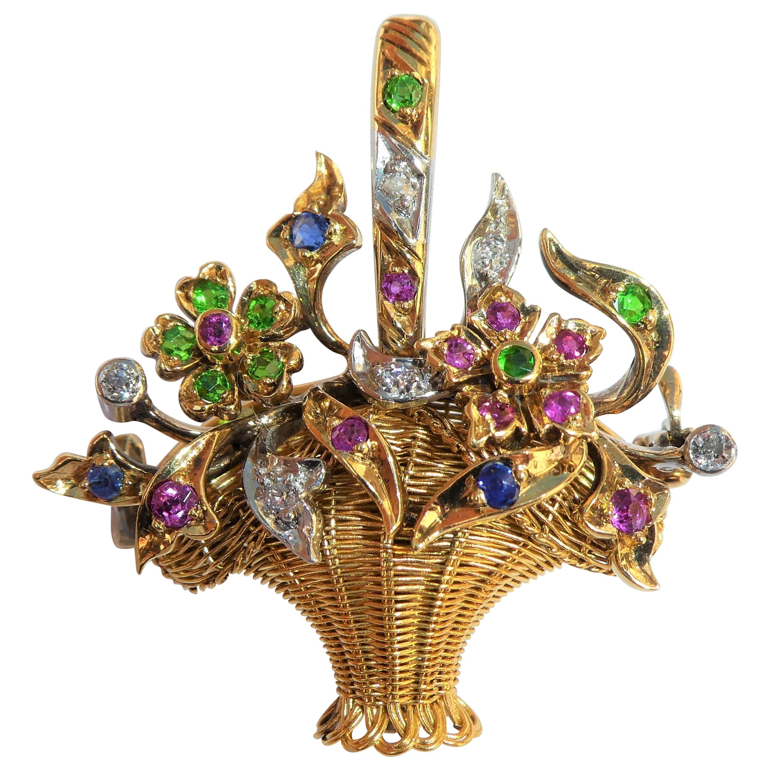 Gold Platinum Diamond Ruby Sapphire Green Demantoid Flower Basket Pendant Brooch For Sale