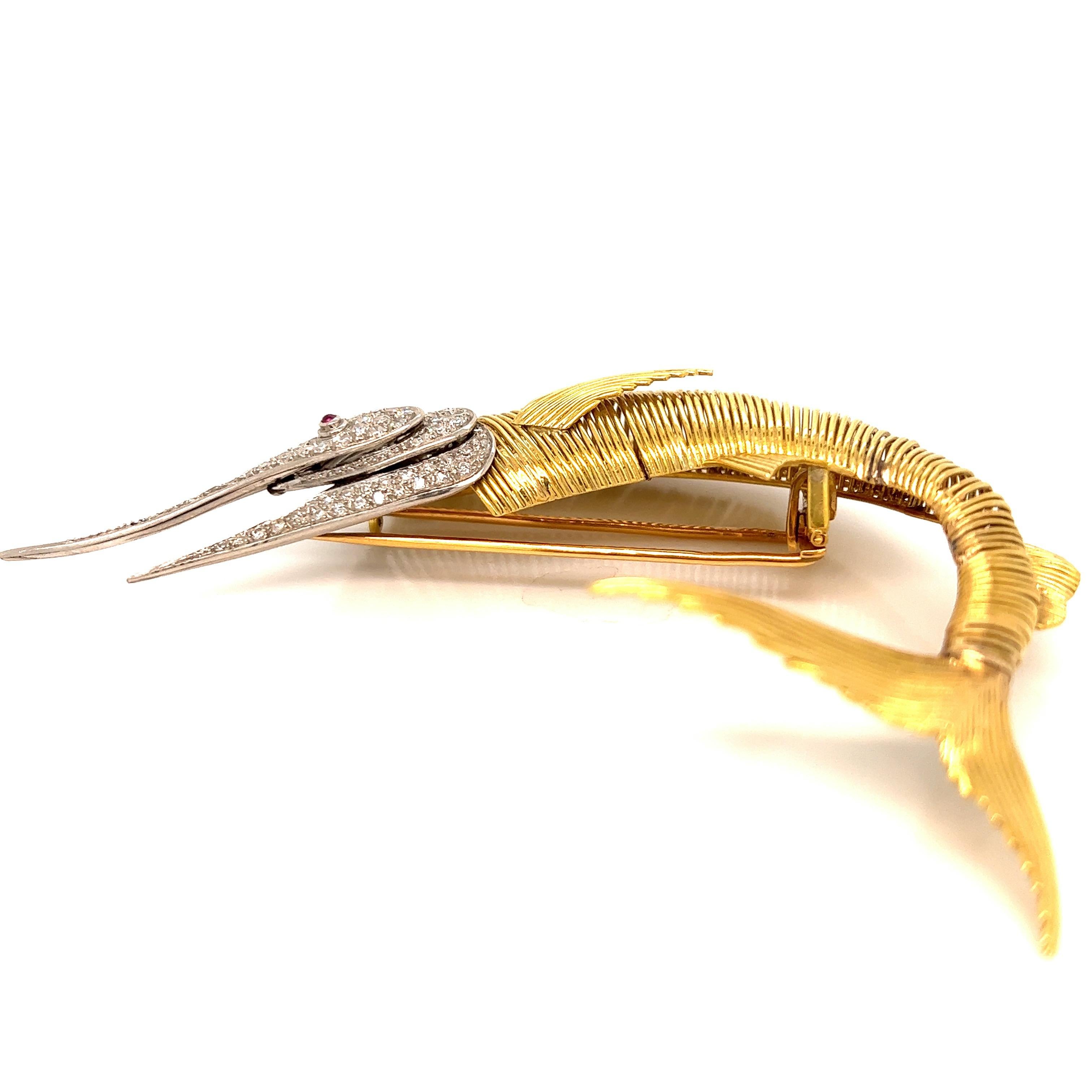 Gold Platinum Diamond Sailfish Brooch In Excellent Condition In New York, NY
