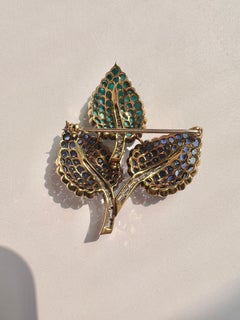 Gold Platinum Diamond Turquoise Sapphire Leaf Pin
