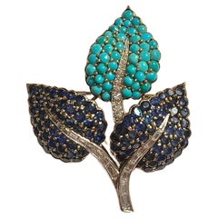 Gold Platinum Diamond Turquoise Sapphire Leaf Pin