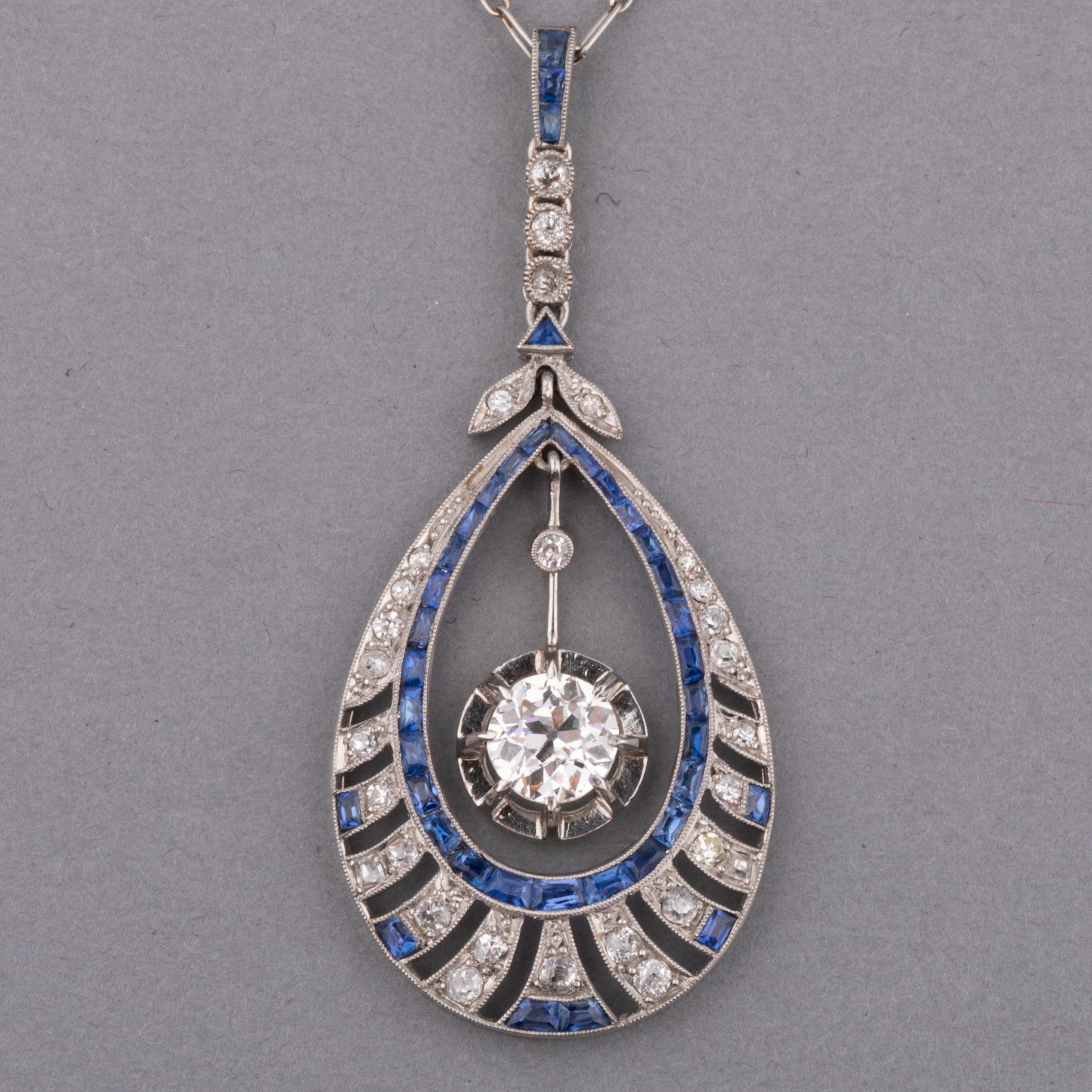 Gold Platinum Diamonds and Sapphires French Art Deco Necklace In Good Condition For Sale In Saint-Ouen, FR