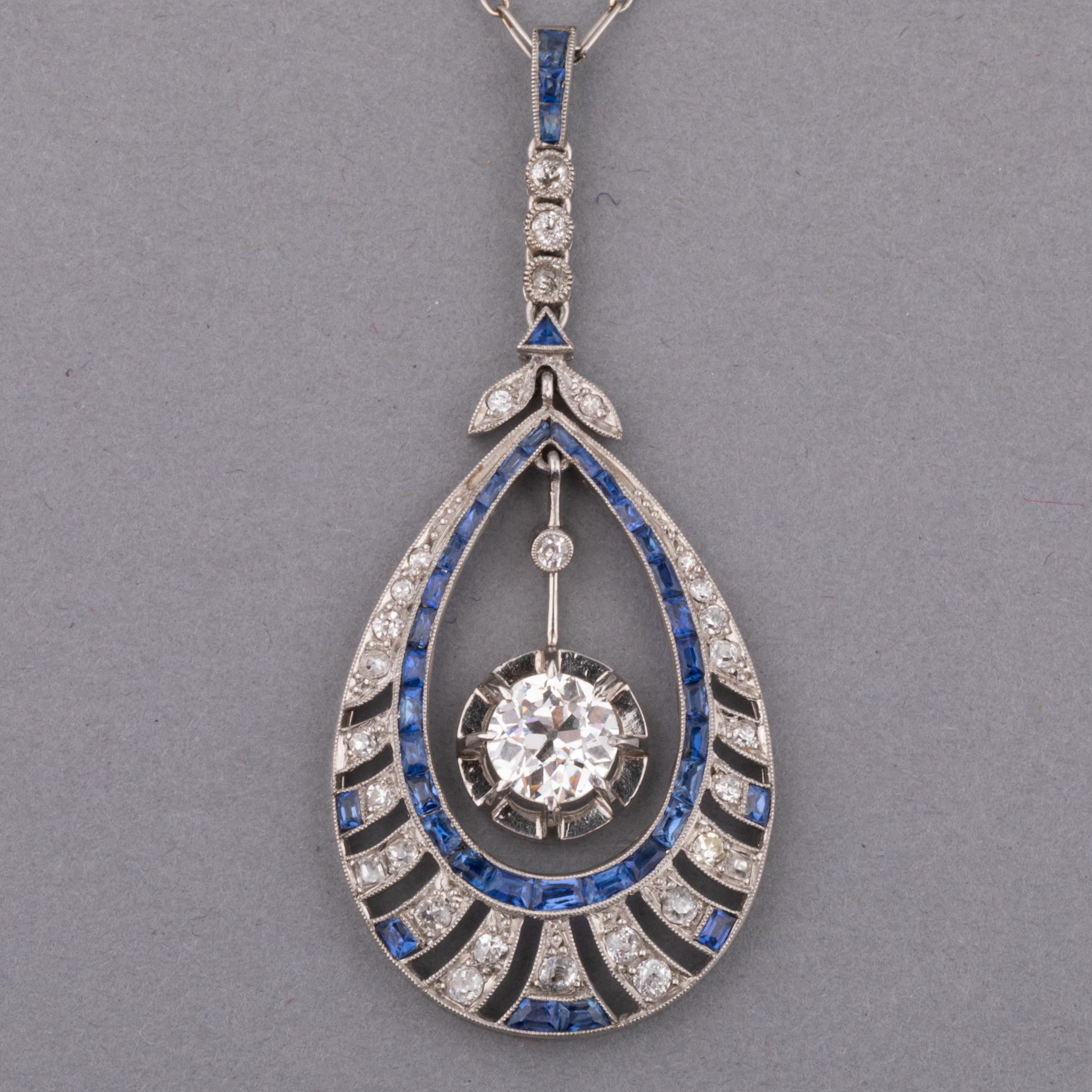 Französische Art-Déco-Halskette aus Gold und Platin mit Diamanten und Saphiren (Französischer Schliff) im Angebot